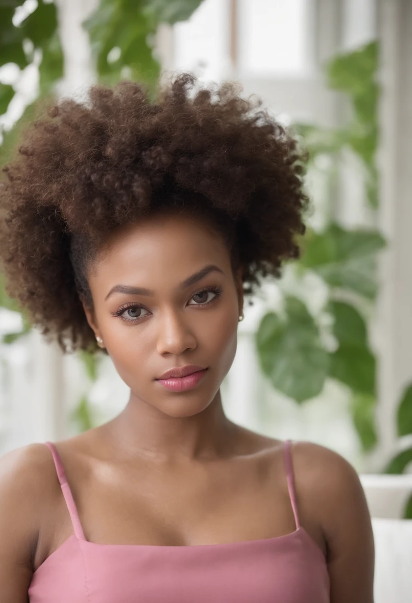 real black woman with curly afro hair and with beautiful green eyes , pink lips, teint claire ,elle sourit , Elle a 30 ans, she weighs 160 kilos and measures 1m72, elle porte une robe rouge courte, elle a de grosses fesses, elle est debout dans un salon, Realistic