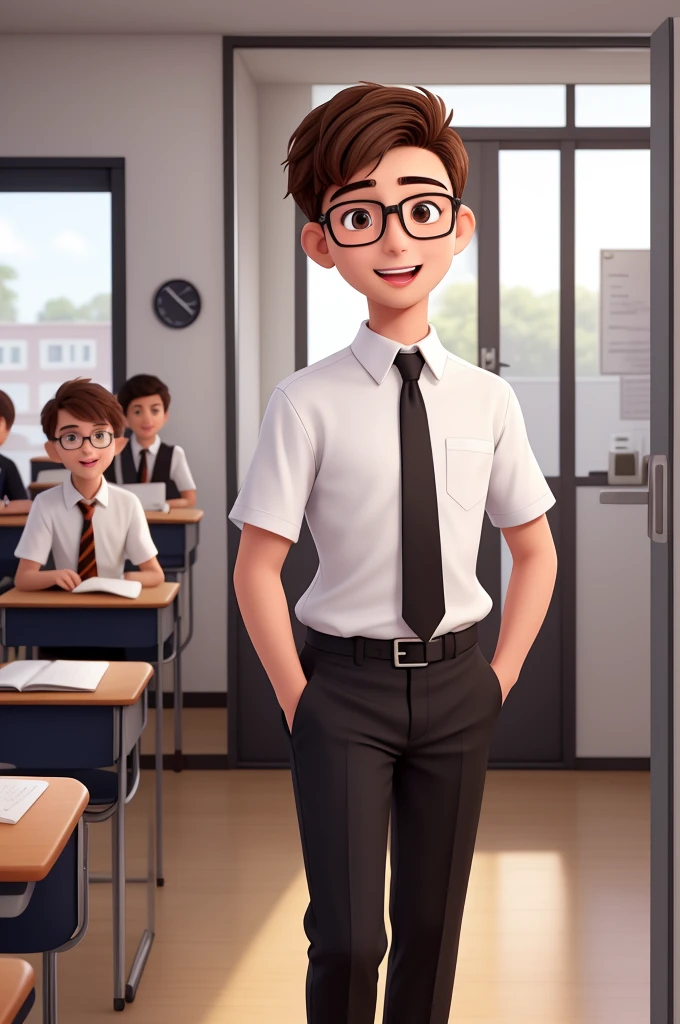 A boy of 20 years old, with short brown hair, diamond face, bright look, mouth open, jaw open,and brown eyes, wearing white white shirt with necktie and glasses, wearing black skinny pants, fullbody shot, happily surprised face (looking to the classroom from outside room), open a classroom door, front view,