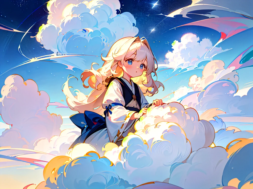 (best quality,4K,8k,high resolution,masterpiece:1.2), The girl in the clouds has hair as fluffy as clouds。tiny stars。Light hair。dreaming。Fantasy illustrations。Dreamy colors。Children&#39;s illustration style。