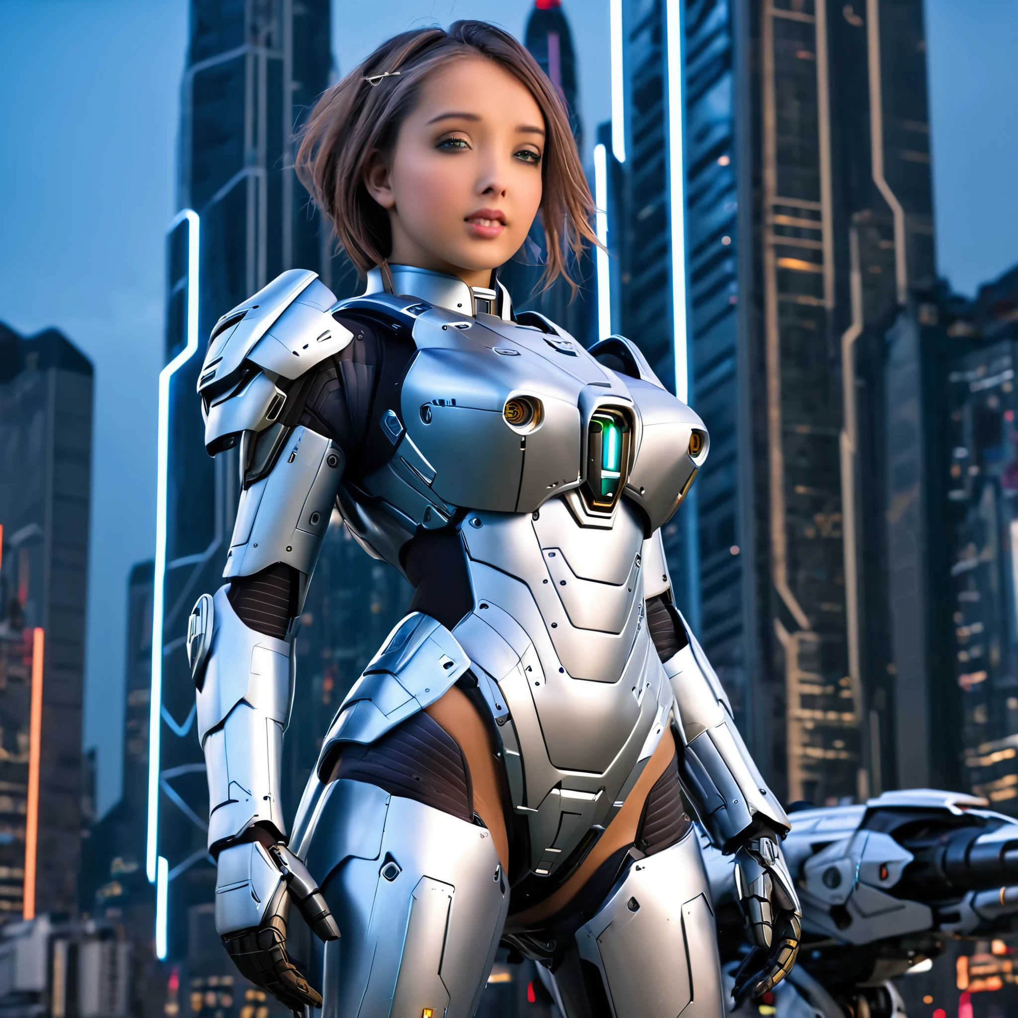 (best quality,4k,highres,masterpiece:1.2),ultra-detailed,(realistic,photorealistic,photo-realistic:1.37),a cute girl mounting into her mecha combat armor,strong and powerful-looking,beautiful detailed eyes,beautiful detailed lips,extremely detailed eyes and face,longeyelashes,a sexy skin-tight high-tech pilot suit,very revealing,showcasing her feminine figure,color coordinated to her mecha armor,open and enveloping her,glossy,shiny,advanced,powerful,mecha combat armor,ornate and intricate design,encompassing the girl,highly detailed cityscape in the background,tall futuristic skyscrapers,glowing neon lights reflecting on the shiny surface of the armor,hovering vehicles and flying drones,misty clouds and city smog,creating a sense of depth and atmosphere,dusk or night time setting,soft diffused lighting casting dramatic shadows. (show her from head to toe, full body shot, show all of her)