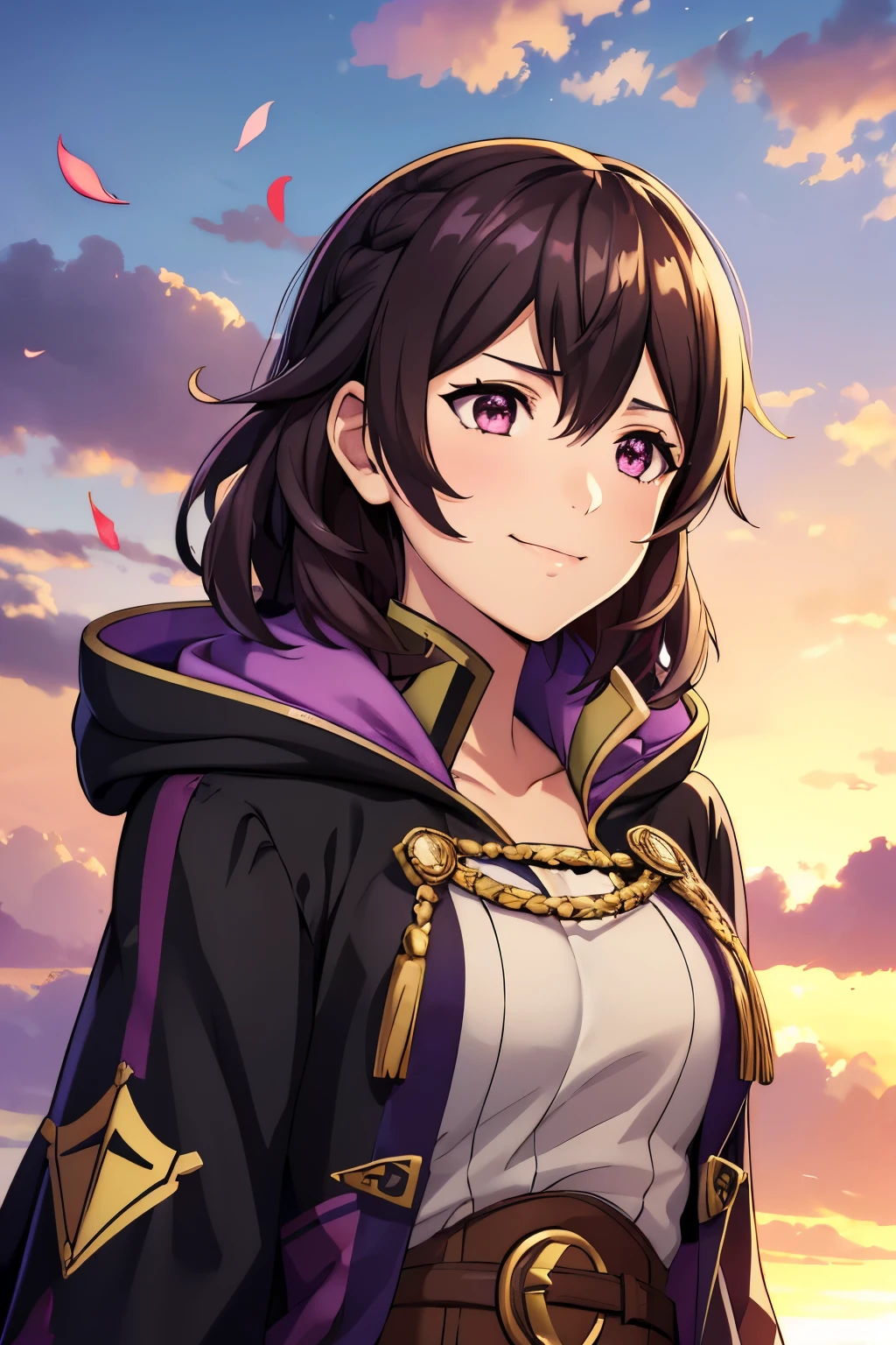 (high-quality, breathtaking),(expressive eyes, perfect face) 1girl, female, solo, portrait, Fire Emblem Awakening, Symmetrical Eyes, open field background, Robin (Fire Emblem: Awakening), dark Brown hair color, short hair length, messy wavy hair, hair ornament, upper body, pink eyes, Black and purple robe, gold trim, hood, white shirt, brown belt, tomb, positive expression, cute smile, detailed eyes, adorable face, short height, Cult of Grima, Fell Dragon Grima, Arms down, female robin (fire emblem), dark brown hair, flower petals, braided bang, soft breeze, sunrise skies
