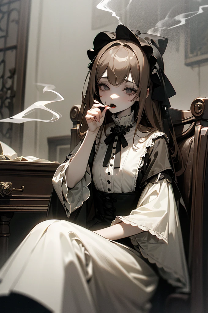 ((masterpiece)), 1girl, girl, Bangs, woman, Light brown hair, silky straight hair, pastel colors, monochrome, Pale skin, ((Gothic makeup)), Lovely, Lipstick, night, ((Black rose on the head)), ((smokes)), (blowing smokes), (indoors), Hair covering eyes, 3D, (bell), ((dusty)), ((net)), landscape, (Skin rupture), luminescent, Skin rupture, Antique doll style, Dark white, (Empty eyes), (Sharp Teeth, Open your mouth), sitting, Weird Core, ruins