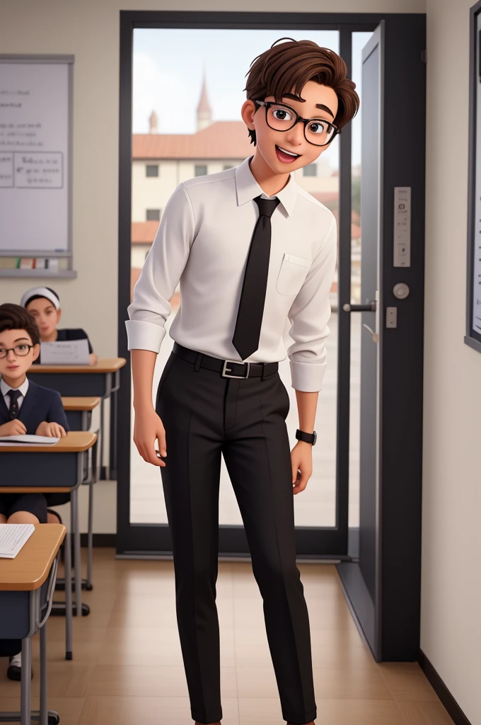 A boy of 20 years old, with short brown hair, diamond face, bright look, mouth open, jaw open,and brown eyes, wearing white white shirt with necktie and glasses, wearing black skinny pants, fullbody shot, happily surprised face (looking to the classroom from outside room), open a classroom door, front view,