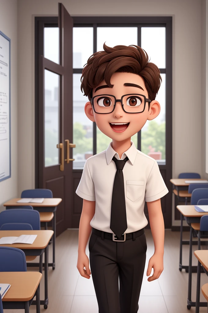 A boy of  20 years old, with short brown hair, diamond face, bright look, mouth open, jaw open,and brown eyes, wearing white white shirt with necktie and glasses, wearing black skinny pants, fullbody shot, happily surprised face (looking to the classroom from outside room), open a classroom door, front view,