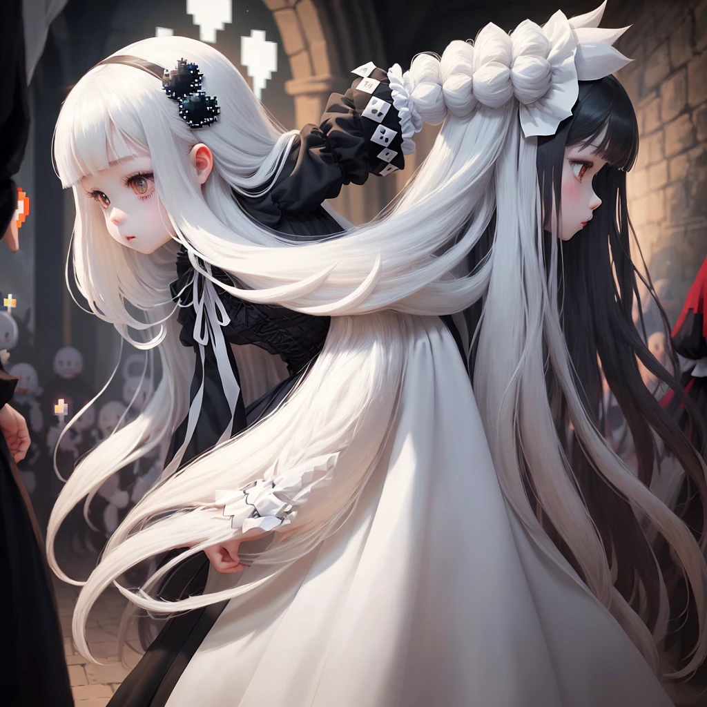 He is wearing white gothic clothing、Cocoa long hair girl、Look back at this.、Pixel艺术、Pixel藝術插圖、Pixel、Retro gaming style、Upper Body、For illustration、Pixel_Art Book,Art Books,Composition centered on the face、