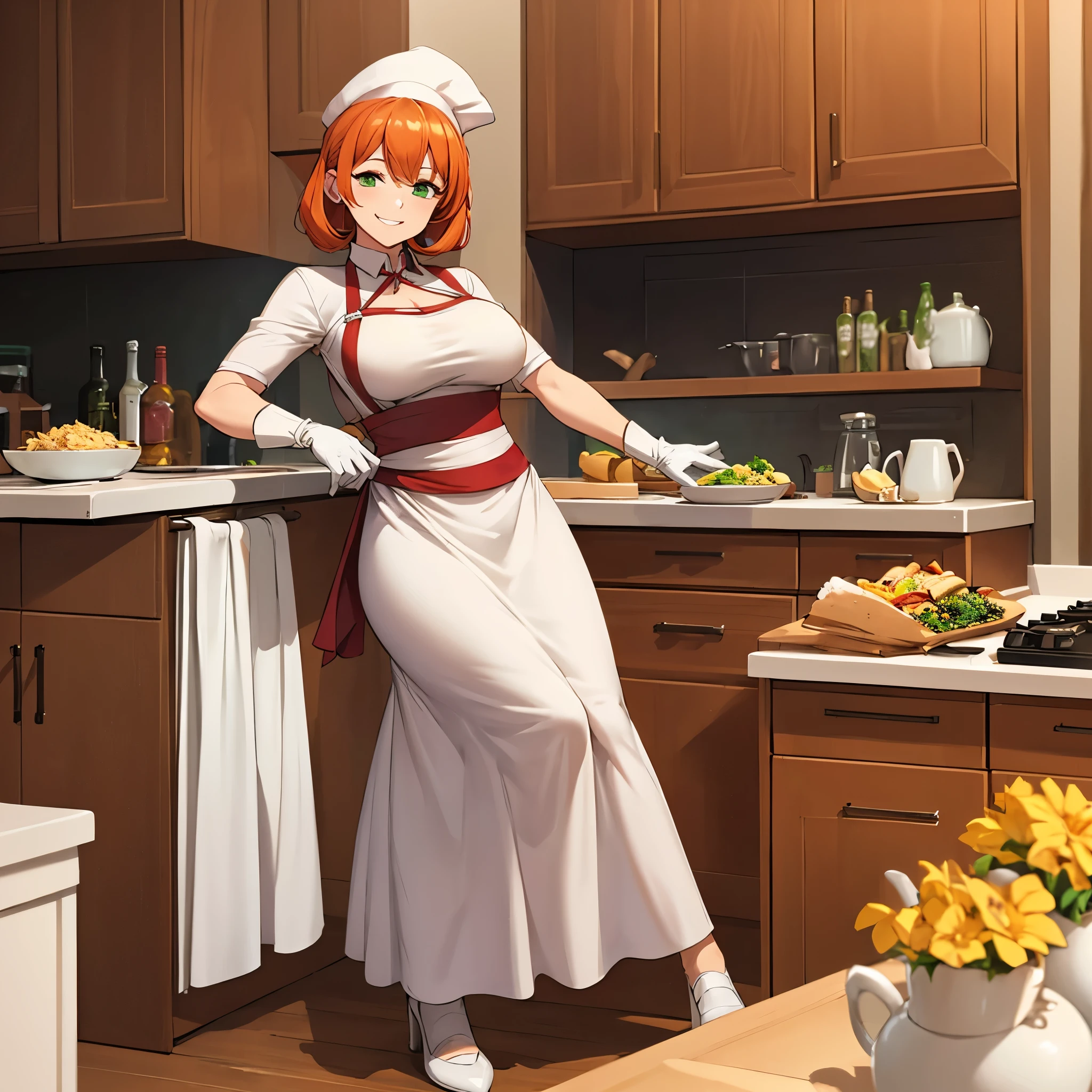 A woman wearing a white chef's outfit, chef's hat, white gloves, light orange red hair, green eyes, smiling, in a kitchen standing at a kitchen table full of assorted food ingredient, big breasts, full body, ultra resolution, bloom, very detailed, perfect texture, high quality, hdr, 8k, masterpiece

