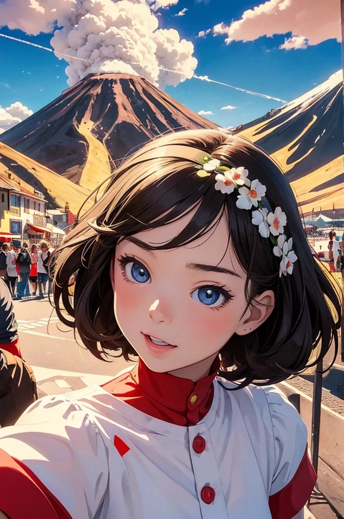 (masterpiece, best quality:1.1),
(popart style),flat color,(girls),cute face,tween,enjoy trip,(vulcano Vesuvio),Italy, beautiful detailed scenery, beautiful lighting,very happy,dynamic pose,photographic portrait, sharp,Illustration by okama,