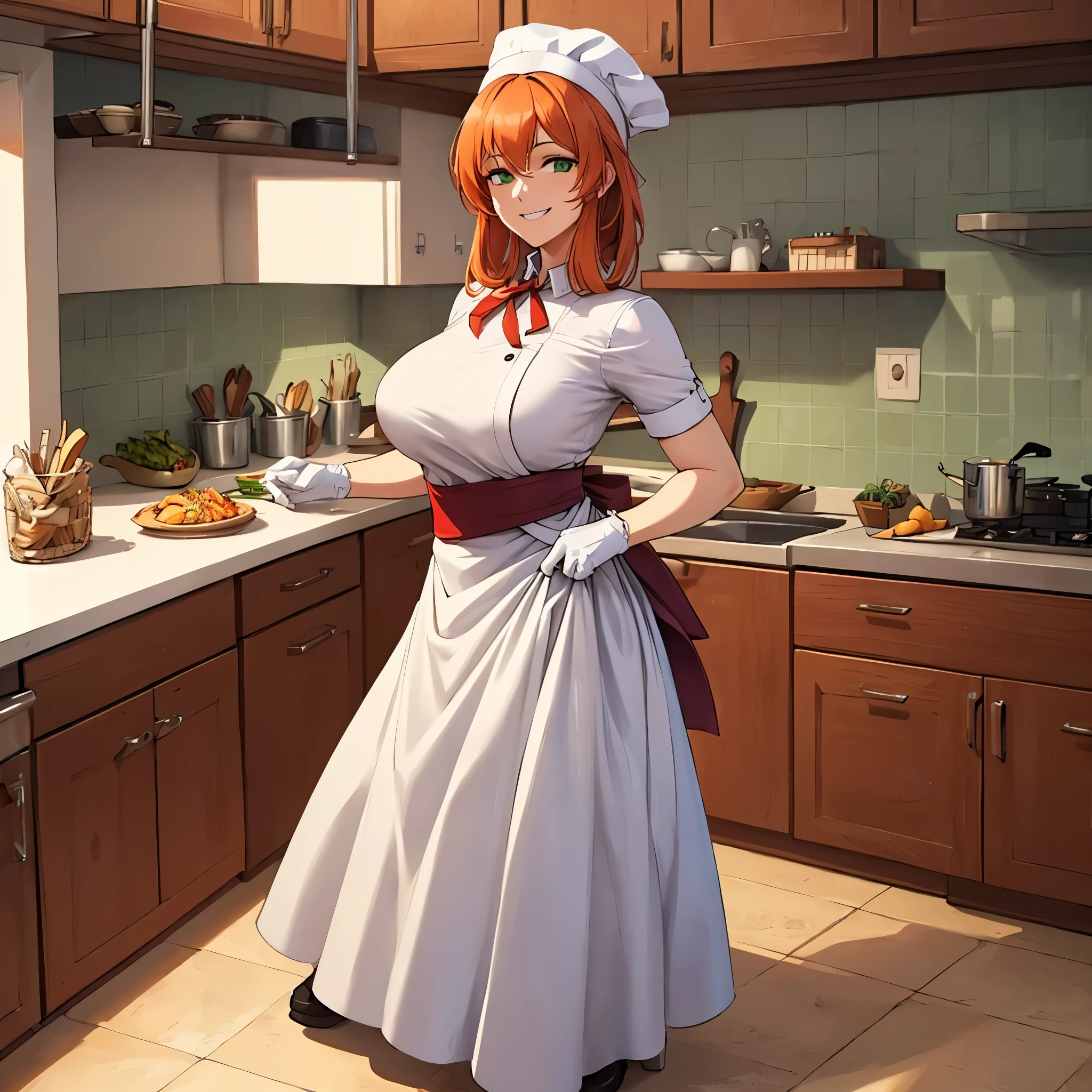 A woman wearing a white chef's outfit, chef's hat, white gloves, light orange red hair, green eyes, smiling, in a kitchen standing at a kitchen table full of assorted food ingredient, big breasts, full body, ultra resolution, bloom, very detailed, perfect texture, high quality, hdr, 8k, masterpiece

