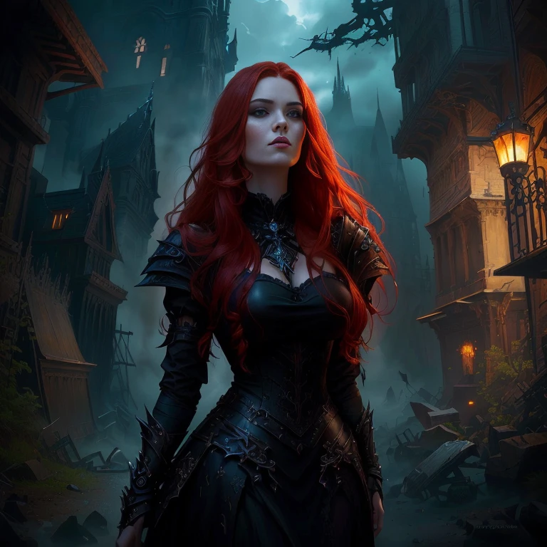 Close-up of a redhead woman in a black dress, dark Fantasy style art, 4k fantasy art, gothic fantasy art, epic fantasy art portrait, 8k fantasy art, Dark Fantasy Art, Dark Fantasy Artwork, Fantasy style art, Fantasy Concept Art Portrait, epic Fantasy style art, Stylized urban fantasy art, Epic fantasy digital art style, HD fantasy art
