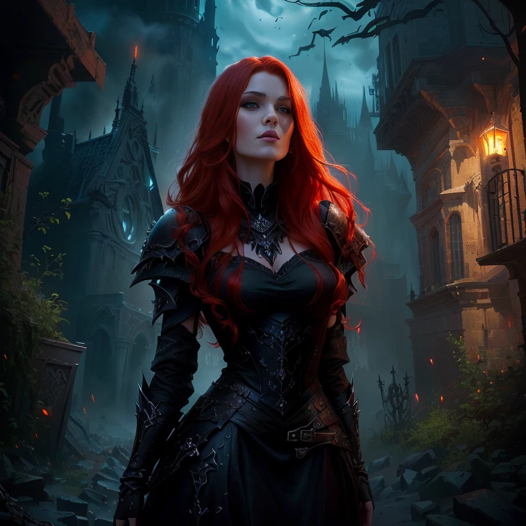 Close-up of a redhead woman in a black dress, dark Fantasy style art, 4k fantasy art, gothic fantasy art, epic fantasy art portrait, 8k fantasy art, Dark Fantasy Art, Dark Fantasy Artwork, Fantasy style art, Fantasy Concept Art Portrait, epic Fantasy style art, Stylized urban fantasy art, Epic fantasy digital art style, HD fantasy art