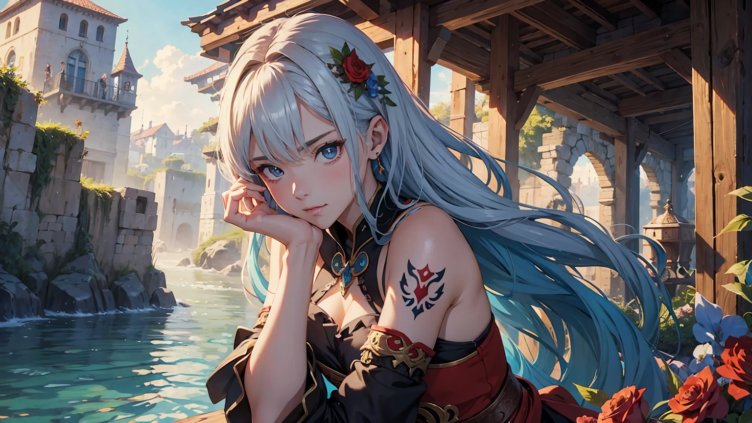 Arte de anime Genshin Impact: retrato realista de uma jovem guerreira europeia de 18 anos, with an enigmatic and enchanting aura. Seus olhos claros, bochechas pontudas, square chin and tattoo of red roses on shoulders and forearms complement her presence. in a dynamic pose, she flirts with the camera. The detailed background in 8K HDR in a magical medieval setting, com estilo de arte de anime Studio Ghibli. Professional 16K illustration captures your beauty with vibrant detail and playful expression, while the 8K HDR painting technique delivers rich, natural colors. Uma obra-prima que combina perfeitamente realismo e encanto misterioso.