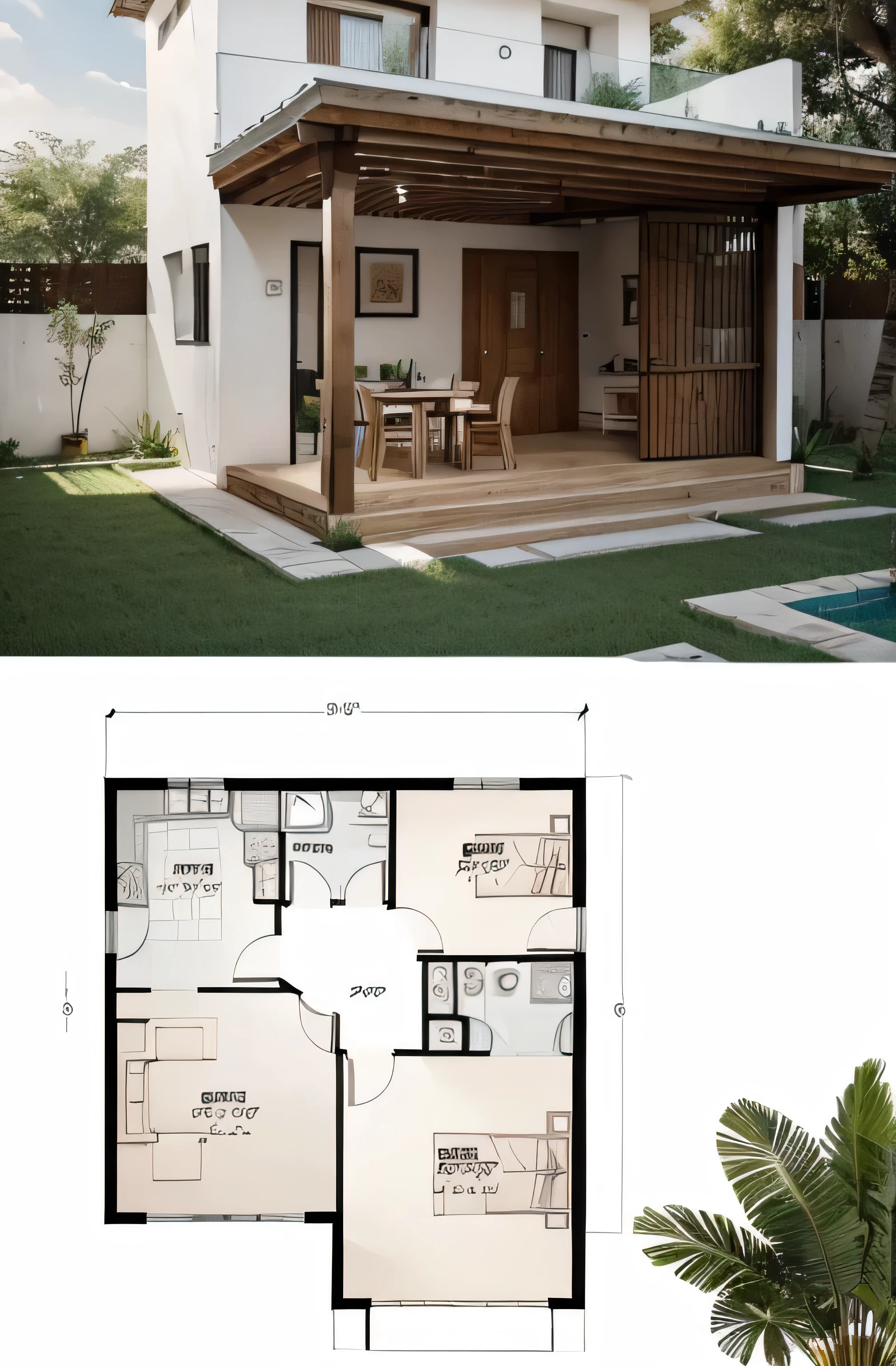 Plan of a house with 4 bedrooms with a private bathroom, una oficina, un taller para trabajar en arte, a room with its bathroom, una cocina con su comedor, cuarto de juego, cuarto para ropa, un patio con su jardin