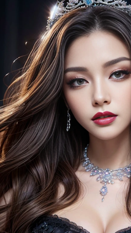 highest quality、masterpiece、8k、Award-winning works、Hyperrealism、Vampire Princess、恐ろしいVampire Princess、Natural forehead、spooky、White skin、Wicked Makeup、Photographing faces with beautiful composition、The most detailed and beautiful face、The relentless gaze、look at me、Long eyelashes、spookyなメイク、Black Lips、eye shadow、艶のあるBlack Lips、Top quality ultra HD skins、The most detailed eyes、(The most luxurious and highest quality giant tiara、The most luxurious and highest quality giant necklace、、The most luxurious jewelry decoration、The most luxurious and luxurious black princess dress)、Cleavage、Pitch black background 1.2、dark、Beautiful long wavy hair、Glossy hair、The light of God pours down