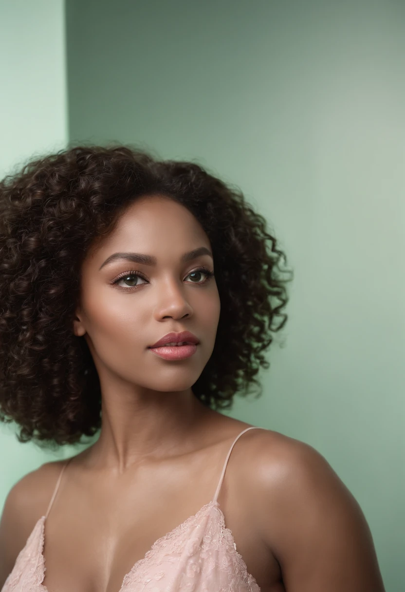 real black woman with curly afro hair and with beautiful green eyes , pink lips, teint claire ,elle sourit , Elle a 30 ans, she weighs 160 kilos and measures 1m72, elle porte une robe rouge courte, elle a de grosses fesses, elle est debout dans un salon, realistic, standing in a room, fulll body