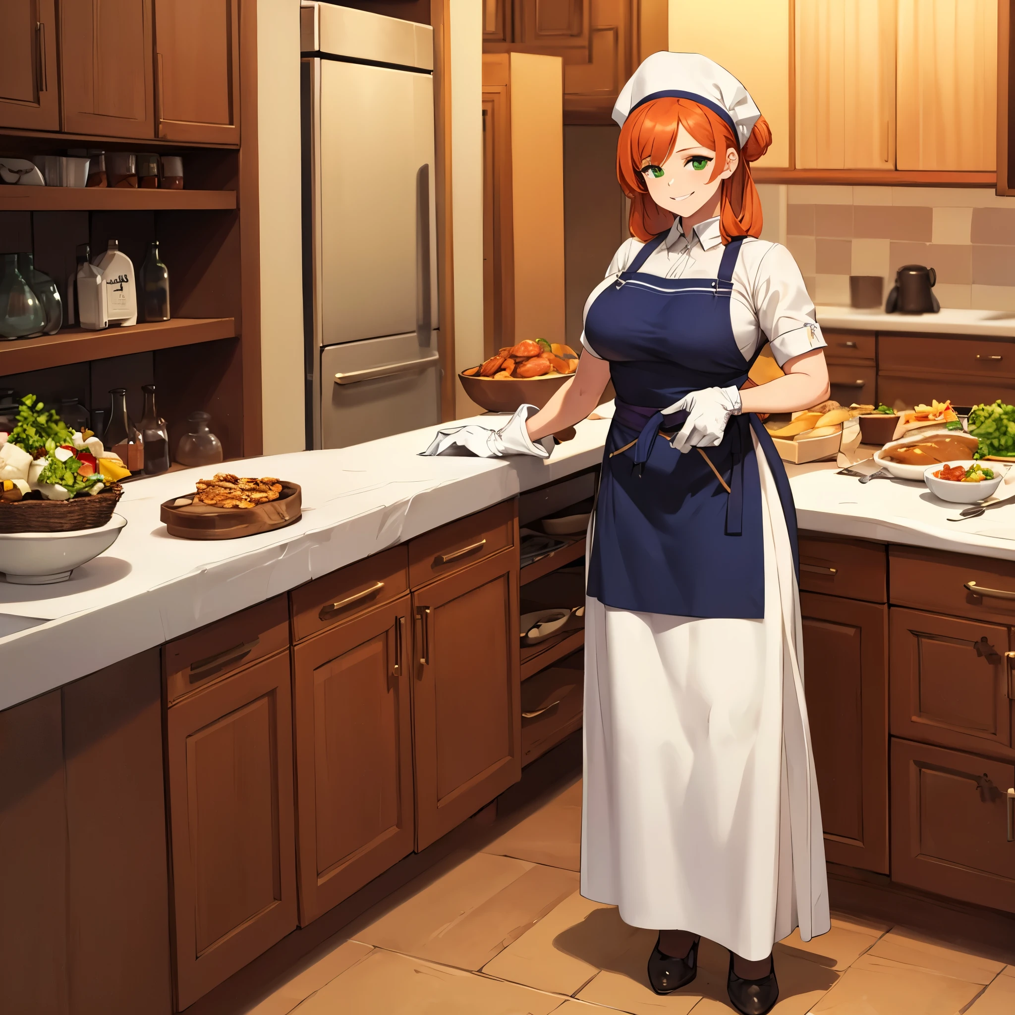 A woman wearing a white chef's outfit, chef's hat, white gloves, light orange red hair, green eyes, smiling, in a kitchen standing at a kitchen table full of assorted food ingredient, big breasts, full body, ultra resolution, bloom, very detailed, perfect texture, high quality, hdr, 8k, masterpiece

