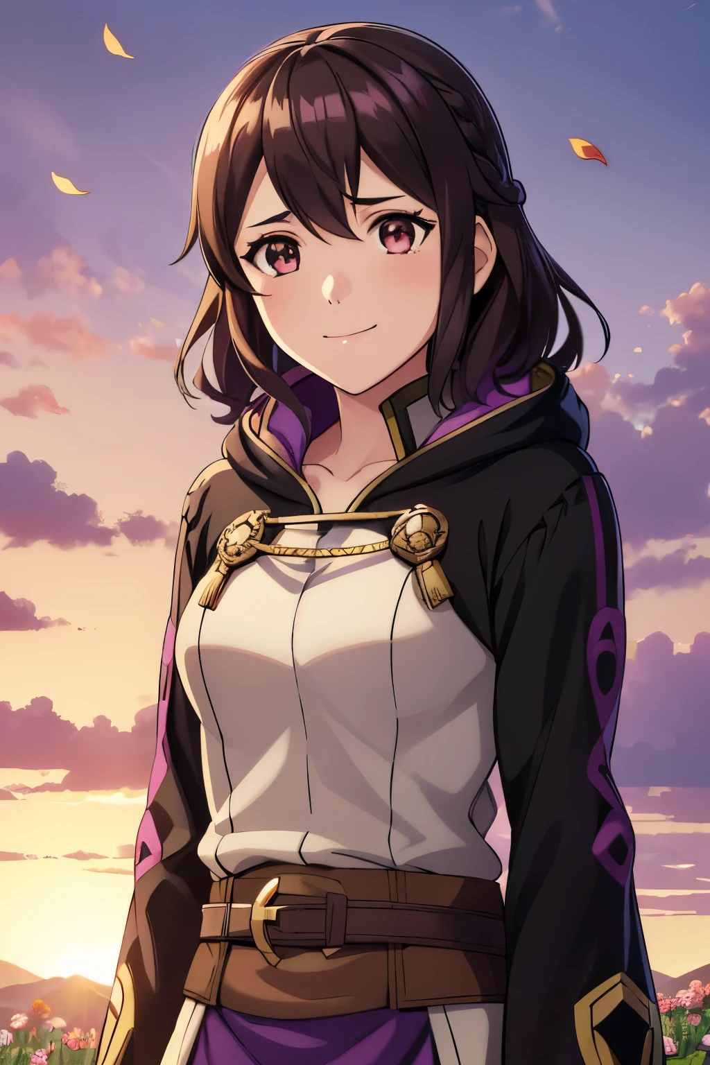 (high-quality, breathtaking),(expressive eyes, perfect face) 1girl, female, solo, portrait, Fire Emblem Awakening, Symmetrical Eyes, open field background, Robin (Fire Emblem: Awakening), dark Brown hair color, short hair length, messy wavy hair, hair ornament, upper body, pink eyes, Black and purple robe, gold trim, hood, white shirt, brown belt, tomb, positive expression, cute smile, detailed eyes, adorable face, short height, Cult of Grima, Fell Dragon Grima, Arms down, female robin (fire emblem), dark brown hair, flower petals, braided bang, soft breeze, sunrise skies, facing towards viewer, anime screenshot
