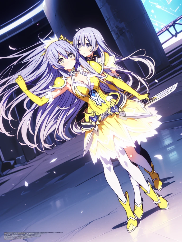 Great quality ++ High resolution extremely detailed, very aesthetic, expressive eyes, perfect face, face symmetrical, good anatomy, perfect hands, 8k, UHD, HD wallpaper, high quality, Ultra detailed, ((((1girl)))), (((standings))), ((((full body)))), (((upper body))), ((((Date A Live)))), ((((Miku Izayoi)))), (((astral dress))), (((Long hair))), (((Light Indigo hair))), (((Silver eyes))), (((weapon))), (((armor))), (((sword))), ((((yellow dress)))), white polkadots on dress, long gloves, elbow gloves, (((asymmetrical body))), (((asymmetrical hair))), (((asymmetrical clothes))), (((school background))),
