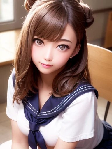 Japanese women、high school girl、, Anatomically correct, Perfect Anatomy, very cute, beautiful, (Sailor suit:1.2), ((Embarrassing:1.3)), blush、(classroom、Sitting), (masterpiece、highest quality:1.3)、Best lighting、High resolution、(8k, High resolution:1.2), (photograph, Realistic:1.2)、The face is in focus、(Concentrated, Symmetrical pupils:1.2)、beautiful肌、Natural Makeup、Gloss lips, High-definition hair texture, (View your viewers:1.2), (Hair Bun:1.3), (Multiple Angles:1.2), (Small breasts, Cleavage:1.1), (Embrace your chest:1.1)