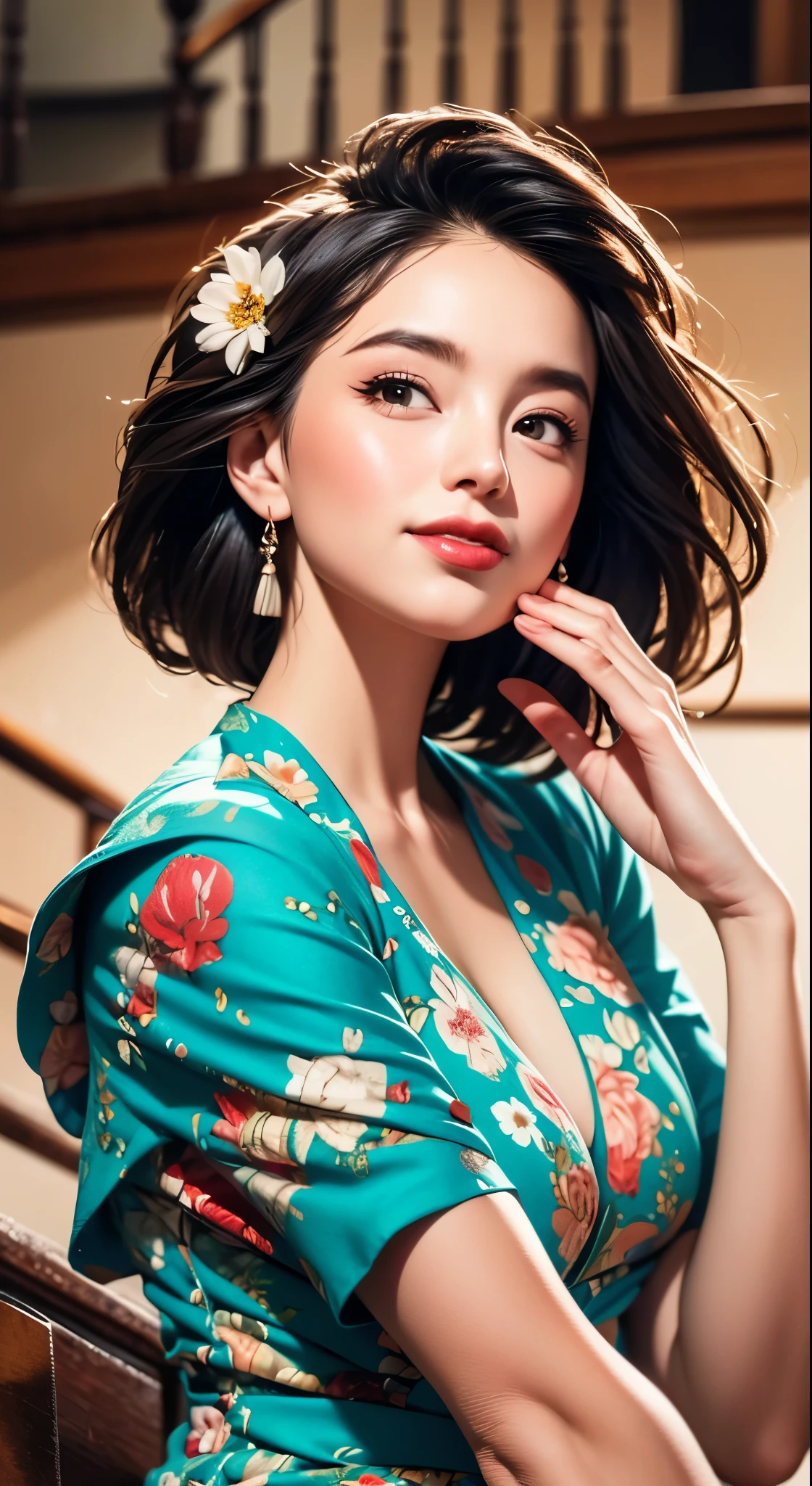 official art, unity 8k wallpaper, ultra detailed, beautiful and aesthetic, beautiful, masterpiece, best quality, ( of flower:1.2), dynamic angle, the most beautiful form, elegant, a brutalist designed, vivid colours, romanticism, atmospheric, warm smile, bright eyes detailed eyes, thick line art, dream scape, stairs to heaven