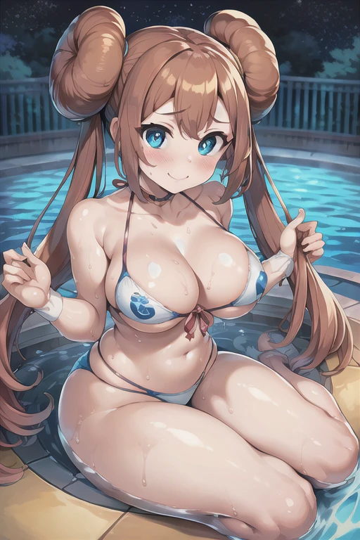 (((masterpiece))), ((highest quality)), (Very detailed), ((High resolution)), ((8k)), (Anatomically correct), One Woman, Big Breasts, Chestnut Hair, Bun hair, Long Hair, Twin tails, Very cute woman, delicate, Charming smile, Blue eyes, Bright Eyes, Best moment, Vivid eyes, cute, Beautiful Skin, cute顔, delicateな腕, Detailed skin texture, Intricate details, Very detailedな顔, Beautiful Eyes, Waistline, Pool at night, (Swimwear), Sweat, Beautiful legs, Looking up,
