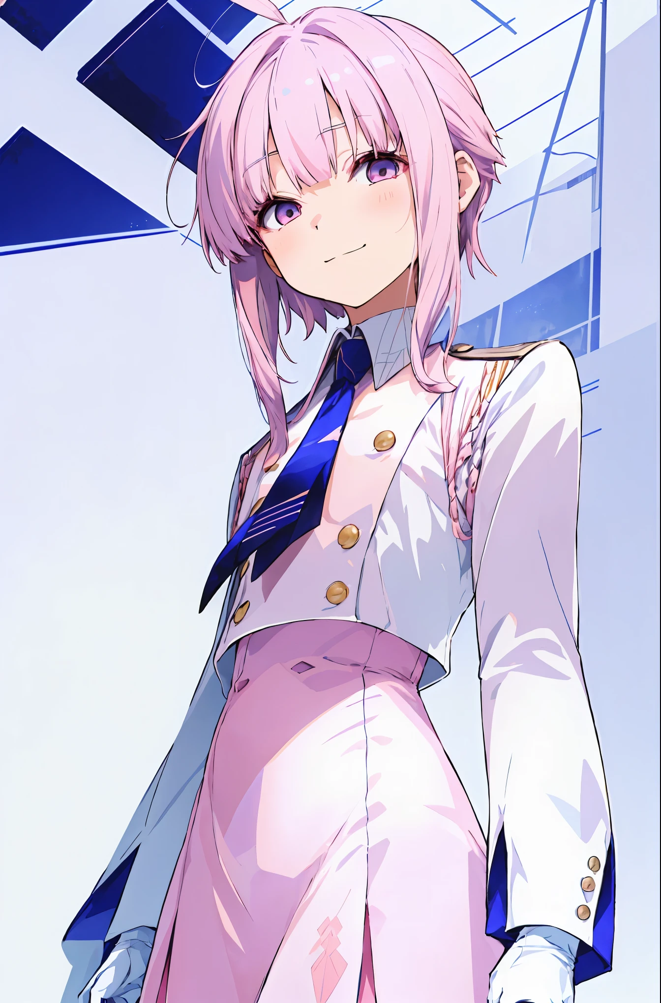 shiranui kaya, smile, bangs, Simple Background, Long sleeve, White Background,Thread,Pink Hair, Ahoge,(short hair,sideburns,sidekick),tie, White gloves, coat, Hello, blue tie, shirt,skirt,cowboy shot,(from below),