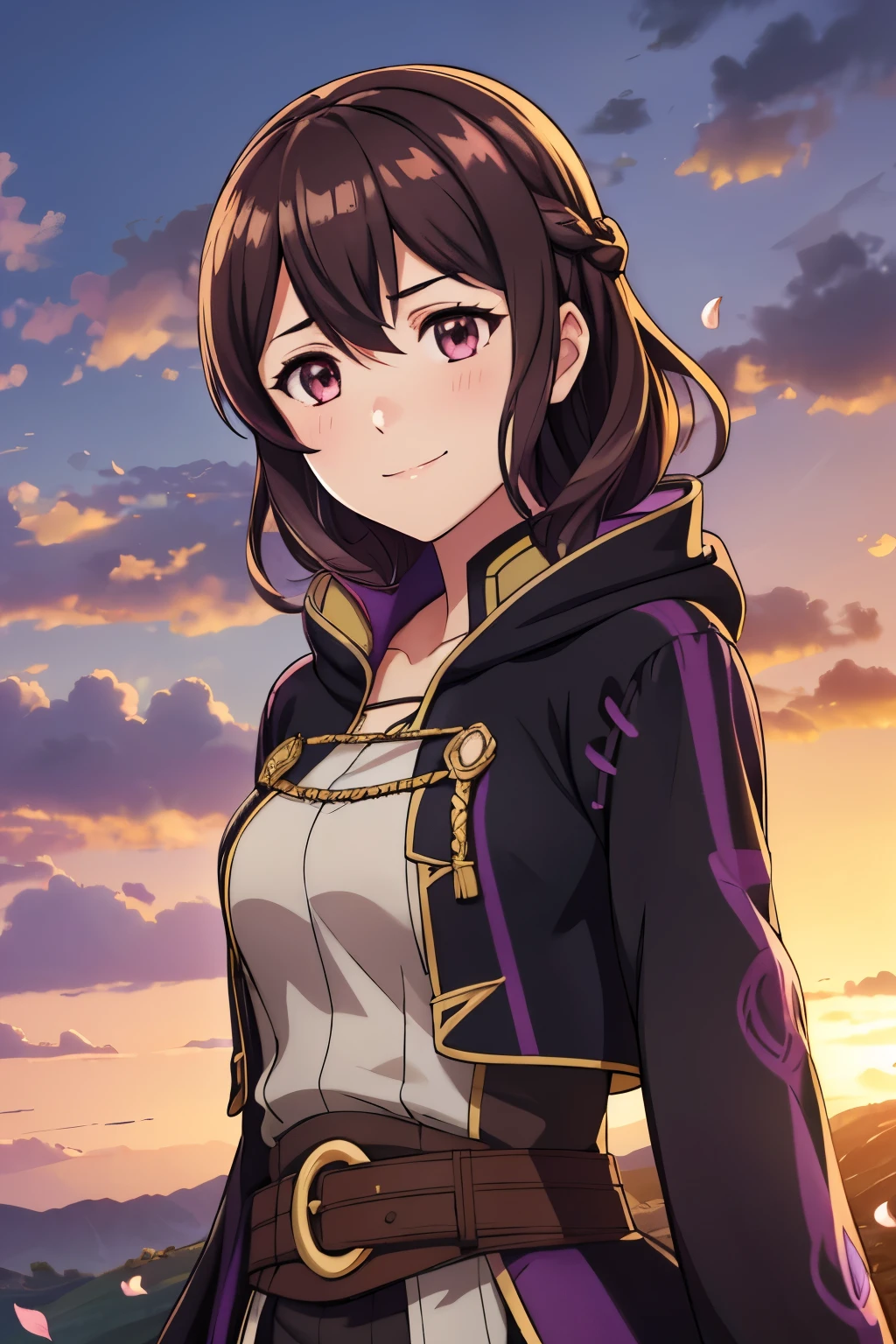 (high-quality, breathtaking),(expressive eyes, perfect face) 1girl, female, solo, portrait, Fire Emblem Awakening, Symmetrical Eyes, open field background, Robin (Fire Emblem: Awakening), dark Brown hair color, short hair length, messy wavy hair, hair ornament, upper body, pink eyes, Black and purple robe, gold trim, hood, white shirt, brown belt, tomb, positive expression, cute smile, detailed eyes, adorable face, short height, Cult of Grima, Fell Dragon Grima, Arms down, female robin (fire emblem), dark brown hair, flower petals, braided bang, soft breeze, sunrise skies
