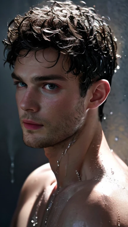 portrait of Jamie Dornan, wet body and face, advertise concept, confident, vogue magazine cover concept, shirtless, studio nature photo, grey wall