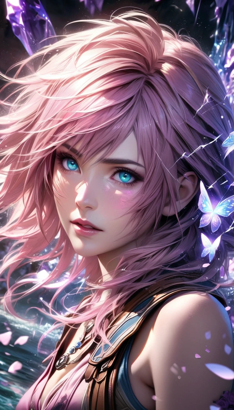 Ultra detailed, HDR, Highres, absurdres, master piece, Claire Farron, wavy pink short hair, expressive pale aqua eyes, Final Fantasy XIII, purple glittering butterflies, purple ice, petals, purple ice roses, woman, solo, extremely detailed face and eyes, extremely beautiful, glittering, water, Lightning Farron, realistic face
