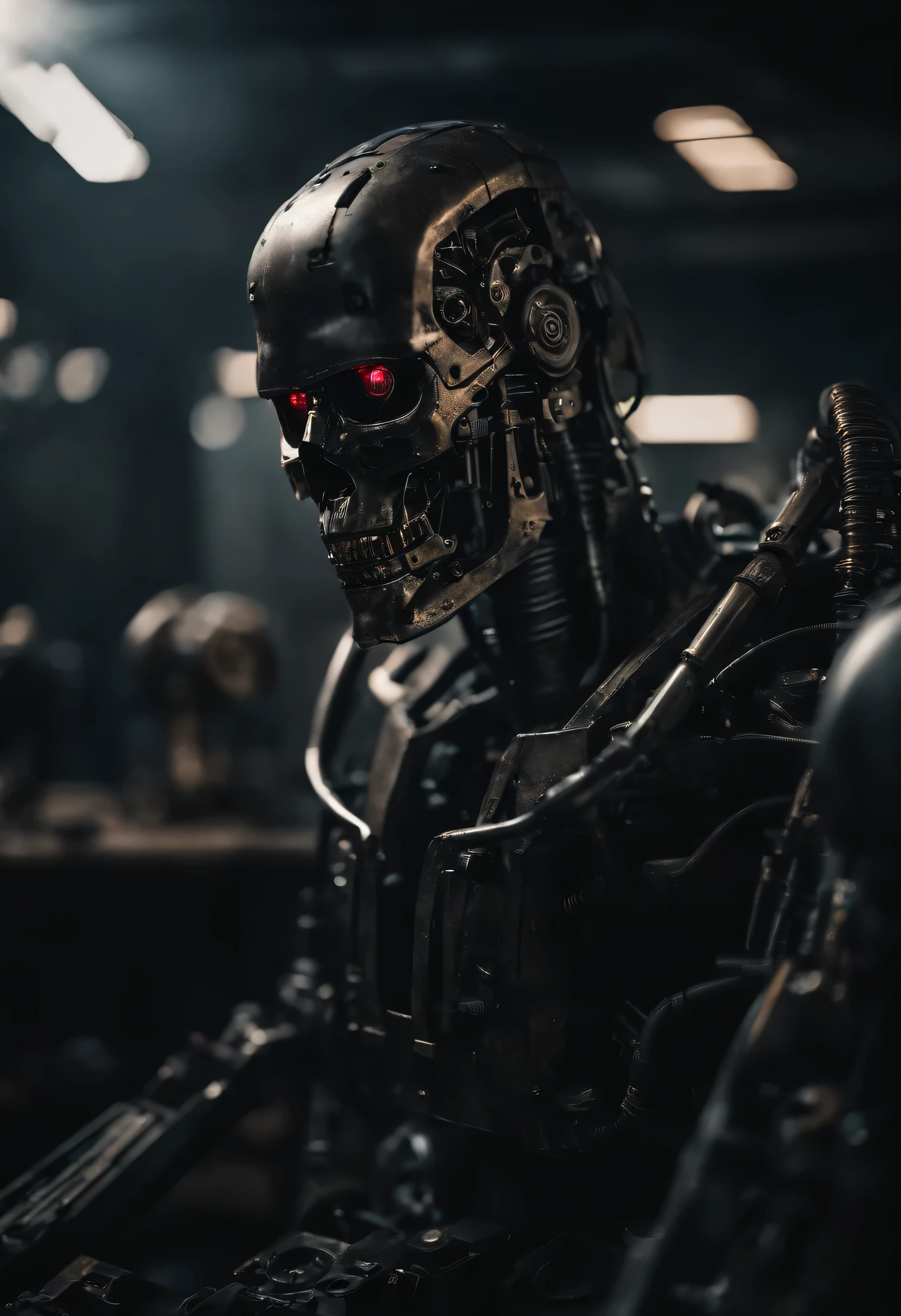 Generate high quality images with a complex AI terminator made of steel, Hydraulic and computer parts, The eerie backdrop symbolizes the aftermath of war.