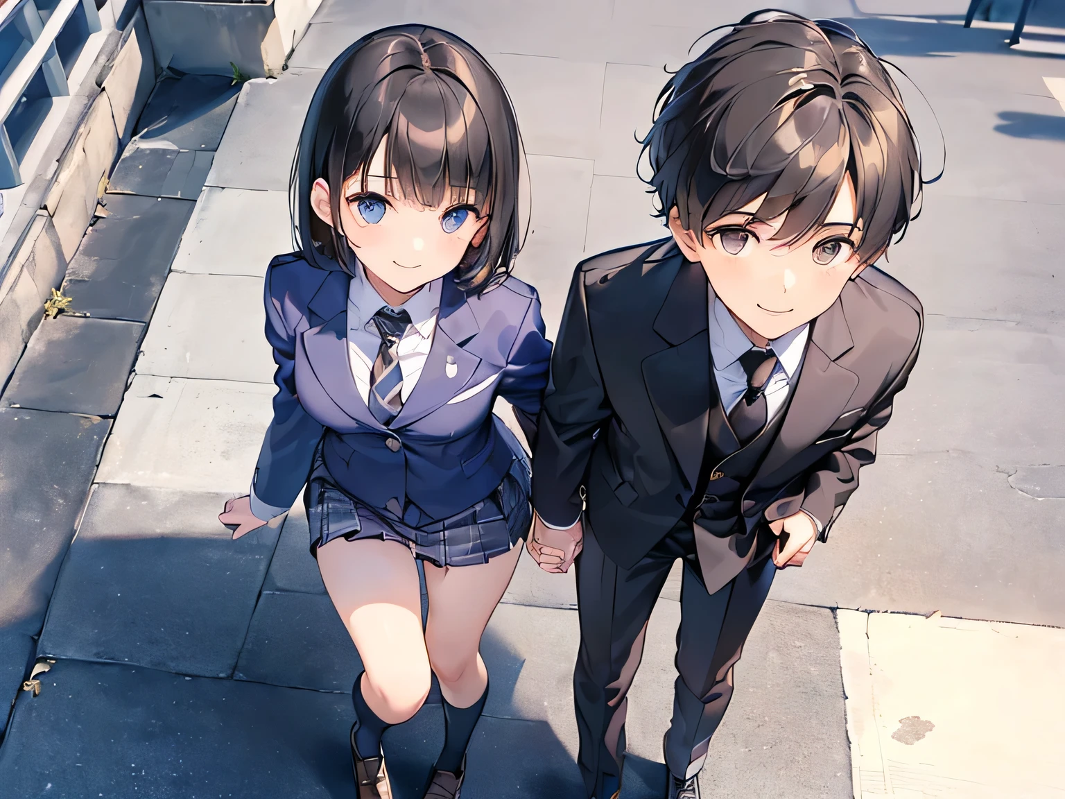 (Masterpiece, highest quality, high resolution, realistic photos, realistic looking skin:1.1),
(Please use a close-up composition picture from above the knees:1.8),
(Male and female couple walking hand in hand:1.5),
(happy smiling face:1.5),
(Female is 18 years old, wearing a high blazer, mini skirt and navy blue high socks, with short black hair:1.5),
(The man is 35 years old, so he is a little older and is wearing a suit and tie:1.5),
(Location is downtown: 1.5),
Full-bodied esbian, beautiful eyes, glowing eyes, glowing thighs, NSFW