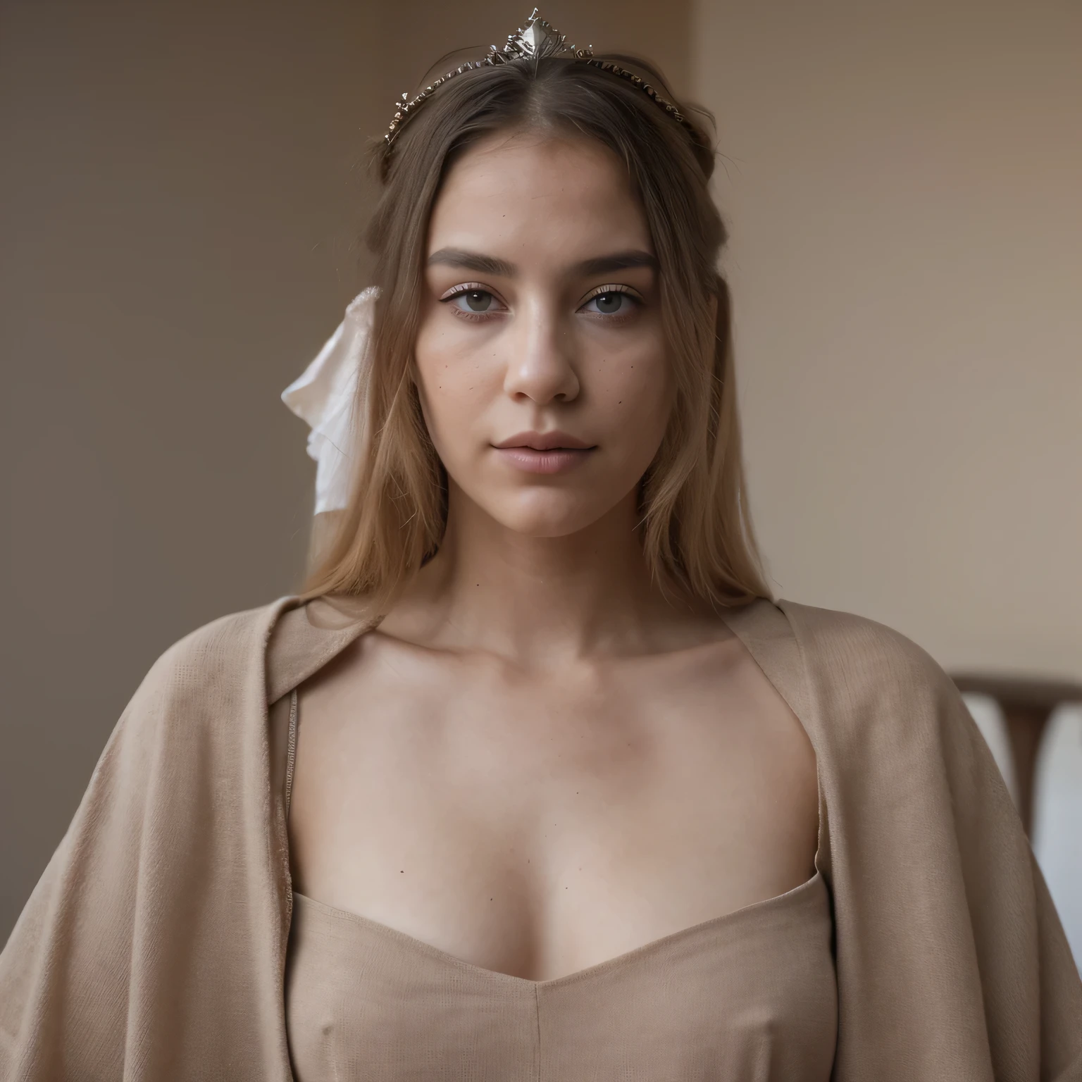 photo of a college student, in Desert Color Coarse Linen Pink,Desert Color Coarse Linen, (freckles:0.8) cute face, sci-fi, dystopian, detailed eyes, Heterochromia eyes((Side view))(Lunar soil)((a beautiful fantasy empress))