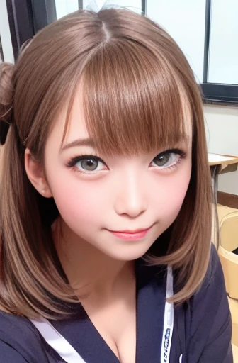 Japanese women、high school girl、, Anatomically correct, Perfect Anatomy, very cute, beautiful, (Sailor suit:1.2), ((Embarrassing:1.3)), blush、(classroom、Sitting), (masterpiece、highest quality:1.3)、Best lighting、High resolution、(8k, High resolution:1.2), (photograph, Realistic:1.2)、The face is in focus、(Concentrated, Symmetrical pupils:1.2)、beautiful肌、Natural Makeup、Gloss lips, High-definition hair texture, (View your viewers:1.2), (Hair Bun:1.3), (Multiple Angles:1.2), (Small breasts, Cleavage:1.1), (Embrace your chest:1.1),Shot to the knee