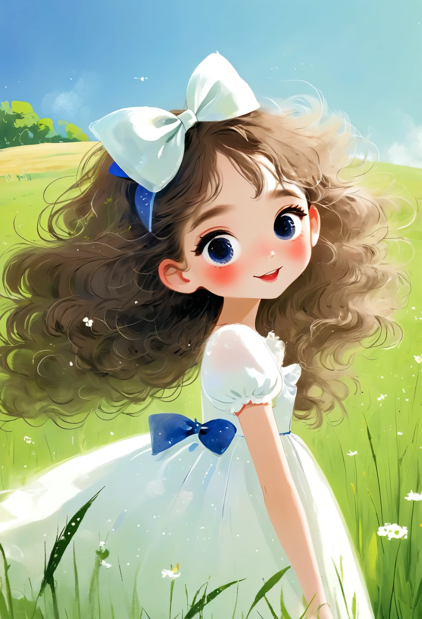 (masterpiece, best quality:1.2), 1 Girl, Solitary, big eyes，Fluffy hair， White Dress，Bow，hapiness，happy，grassland，Rough texture，Hand-drawn style，