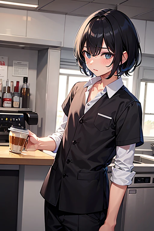 1boy,solo,black hair and short hair,shy,shirt,uniform,in cafeteria, clerk, coffee machine,make a coffee, provide a coffee