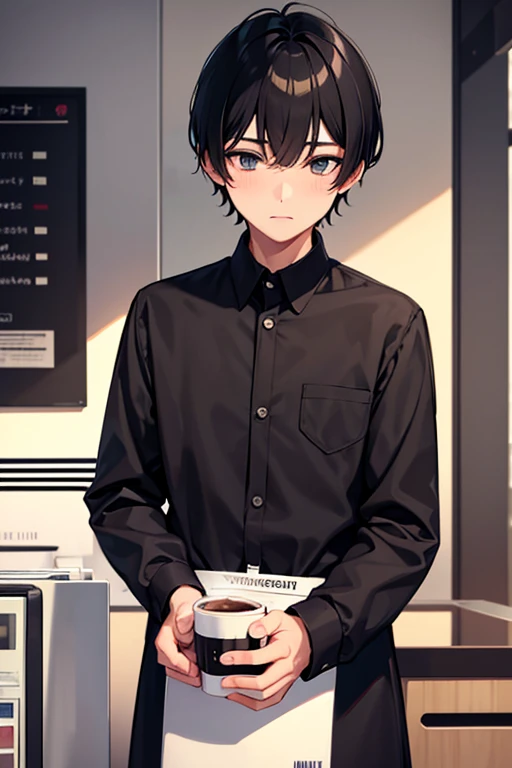 1boy,solo,black hair and short hair,shy,shirt,uniform,in cafeteria, clerk, coffee machine,make a coffee, provide a coffee