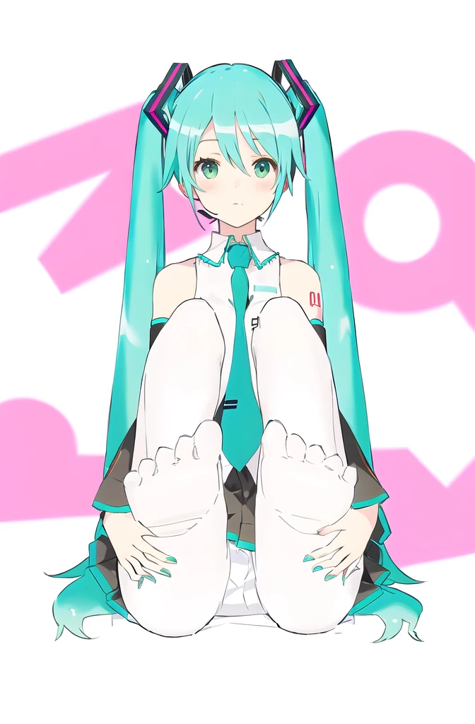 anime girl with blue hair and blue tie sitting on the floor, hatsune Miku, Miku, Mikudayo, portrait of hatsune Miku, hatsune Miku portrait, hatsune Miku short hair, cabelo twintail rosa e olhos ciano, twintails, anime barbie em meias brancas, hatsune Miku face, linda garota de anime agachada, digital anime art!!