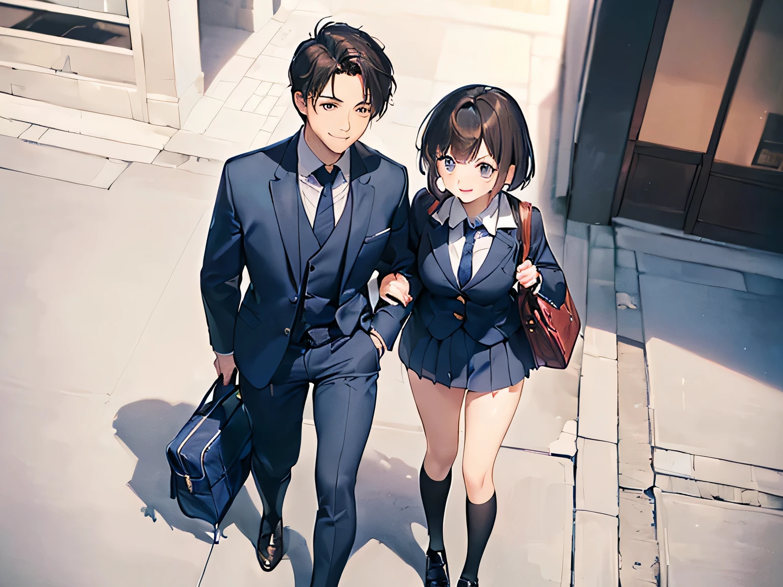 (Masterpiece, highest quality, high resolution, realistic photos, realistic looking skin:1.1),
(Please use a close-up composition picture from above the knees:1.8),
(Male and female couple walking hand in hand:1.5),
(happy smiling face:1.5),
(female is 18 years old, wearing a high blazer, mini skirt and navy blue high socks, with short black hair and carrying a school bag:1.5),
(The man is 35 years old, so he is a little older and is wearing a suit and tie:1.5),
(Location is downtown: 1.5),
Full-bodied esbian, beautiful eyes, glowing eyes, glowing thighs, NSFW