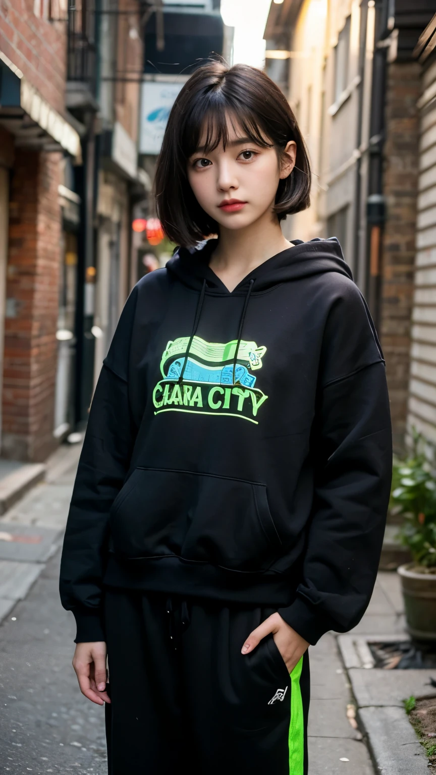18-year-old,Korean women,holding a small brown glass bottle,(((Neon city back alley at night))),(((Frowning,カメラをGlare))),(Very beautiful eyes), (((Wearing a long blacけ hoodie,Wear baggy pants))),((photograph)),,(((Fabric Shading))), (((highest quality))), (((masterpiece))) strong girl, ((((Realistic)))), I have a card,Black Hair, chic hairstyle, ((With bangs,Straight medium bob cut, Nice hair)), Light makeup,Red eyes, (((I'm not wearing lipstick))), (Nice, strong), (((strong夜の雰囲気))), Centered Images, Looking at the camera, Elegant colors,Realistic Sけin,Realistic texture,8k,whole body,Pale skin, (Red Iris,Expressionless,Glare,Perfect Face,(((Big eyes))),She is wearing wide black baggy pants,Mouth closed, portrait of aespaのウィンター,She is wearing black streetwear, Woman in blacけ streetwear, 黒いハイテクな服を着た女性のphotograph, Girl wearing black hoodie, Cyberpunke Streetwear, Cyberpunk Streetwear street fashion e-girl,