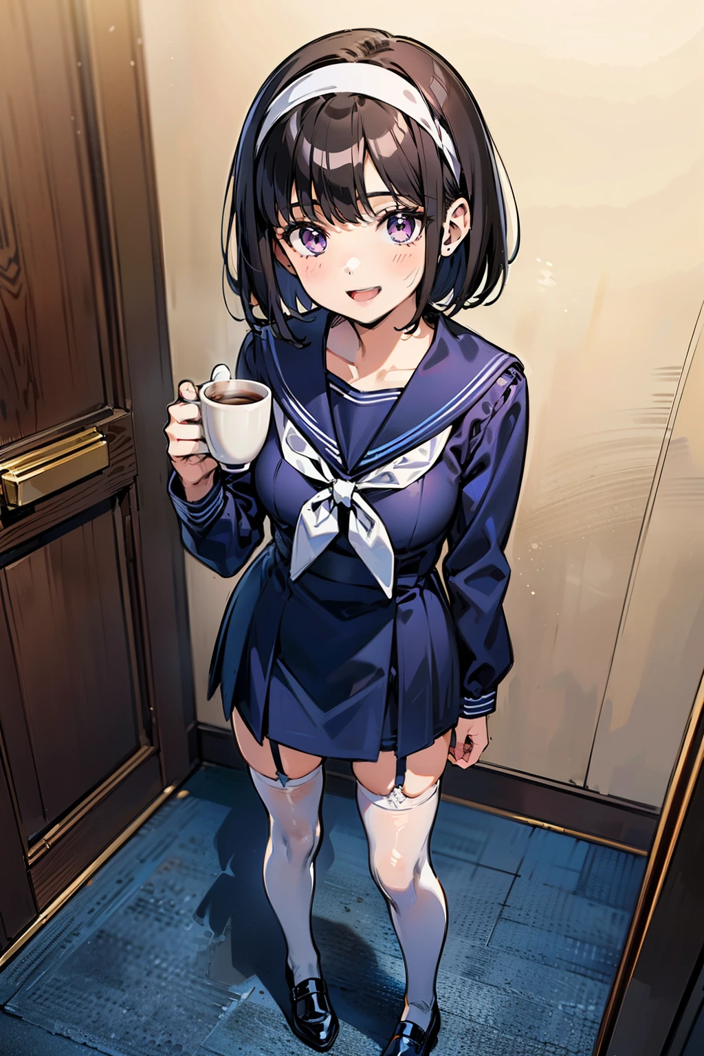 sailor uniform, sailor suit, one woman, (A beauty woman, Delicate high school girl:1.3), 8K, highest quality, masterpiece, Very detailed, Ultra-high resolution, Realistic, RAW Photos, Absolute Resolution, Black Hair, Bobcut, Small face compared to body, Very small face, Black Hair, ((Navy blue sailor suit)), Navy Blue Skirt, High school girl in sailor suit, 2D Rendering of Anime, Realistic若いアニメの女子高生, , ((White headband)), Small breasts, tall, Slanted Eyes, Purple Eyes, Black Stockings, garter belt, toothless smile, Private room, (Hold a coffee cup in your right hand:1.3), (Hold a cookie in your left hand:1.3), (Top-down position:1.2), Open your mouth, smile, full body, 