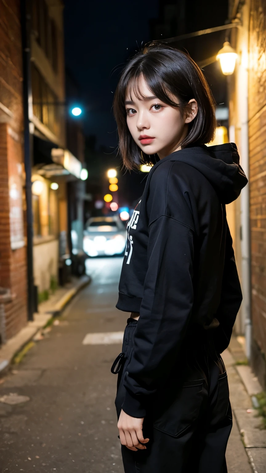 18-year-old,Korean women,holding a small brown glass bottle,(((Neon city back alley at night))),(((Frowning,カメラをGlare))),(Very beautiful eyes), (((Wearing a long blacけ hoodie,Wear baggy pants))),((photograph)),,(((Fabric Shading))), (((highest quality))), (((masterpiece))) strong girl, ((((Realistic)))), I have a card,Black Hair, chic hairstyle, ((With bangs,Straight medium bob cut, Nice hair)), Light makeup,Red eyes, (((I&#39;m not wearing lipstick))), (Nice, strong), (((strong夜の雰囲気))), Centered Images, Looking at the camera, Elegant colors,Realistic Sけin,Realistic texture,8k,whole body,Pale skin, (Red Iris,Expressionless,Glare,Perfect Face,(((Big eyes))),She is wearing wide black baggy pants,Mouth closed, portrait of aespaのウィンター,She is wearing black streetwear, Woman in blacけ streetwear, 黒いハイテクな服を着た女性のphotograph, Girl wearing black hoodie, Cyberpunke Streetwear, Cyberpunk Streetwear street fashion e-girl,