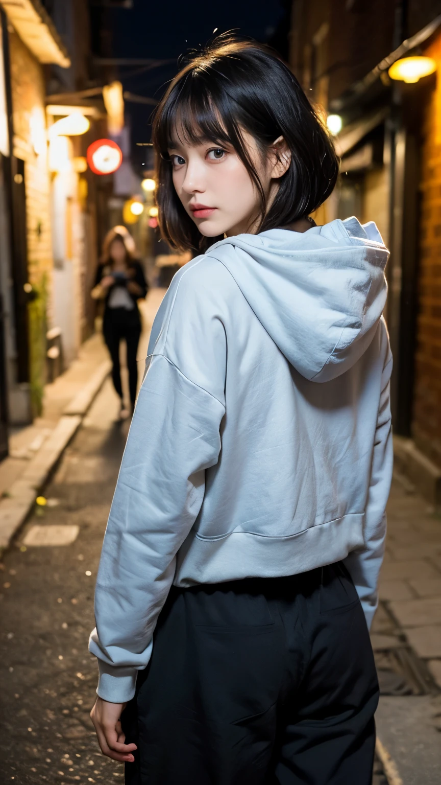 18-year-old,Korean women,holding a small brown glass bottle,(((Neon city back alley at night))),(((Frowning,カメラをGlare))),(Very beautiful eyes), (((Wearing a long blacけ hoodie,Wear baggy pants))),((photograph)),,(((Fabric Shading))), (((highest quality))), (((masterpiece))) strong girl, ((((Realistic)))), I have a card,Black Hair, chic hairstyle, ((With bangs,Straight medium bob cut, Nice hair)), Light makeup,Red eyes, (((I&#39;m not wearing lipstick))), (Nice, strong), (((strong夜の雰囲気))), Centered Images, Looking at the camera, Elegant colors,Realistic Sけin,Realistic texture,8k,whole body,Pale skin, (Red Iris,Expressionless,Glare,Perfect Face,(((Big eyes))),She is wearing wide black baggy pants,Mouth closed, portrait of aespaのウィンター,She is wearing black streetwear, Woman in blacけ streetwear, 黒いハイテクな服を着た女性のphotograph, Girl wearing black hoodie, Cyberpunke Streetwear, Cyberpunk Streetwear street fashion e-girl,