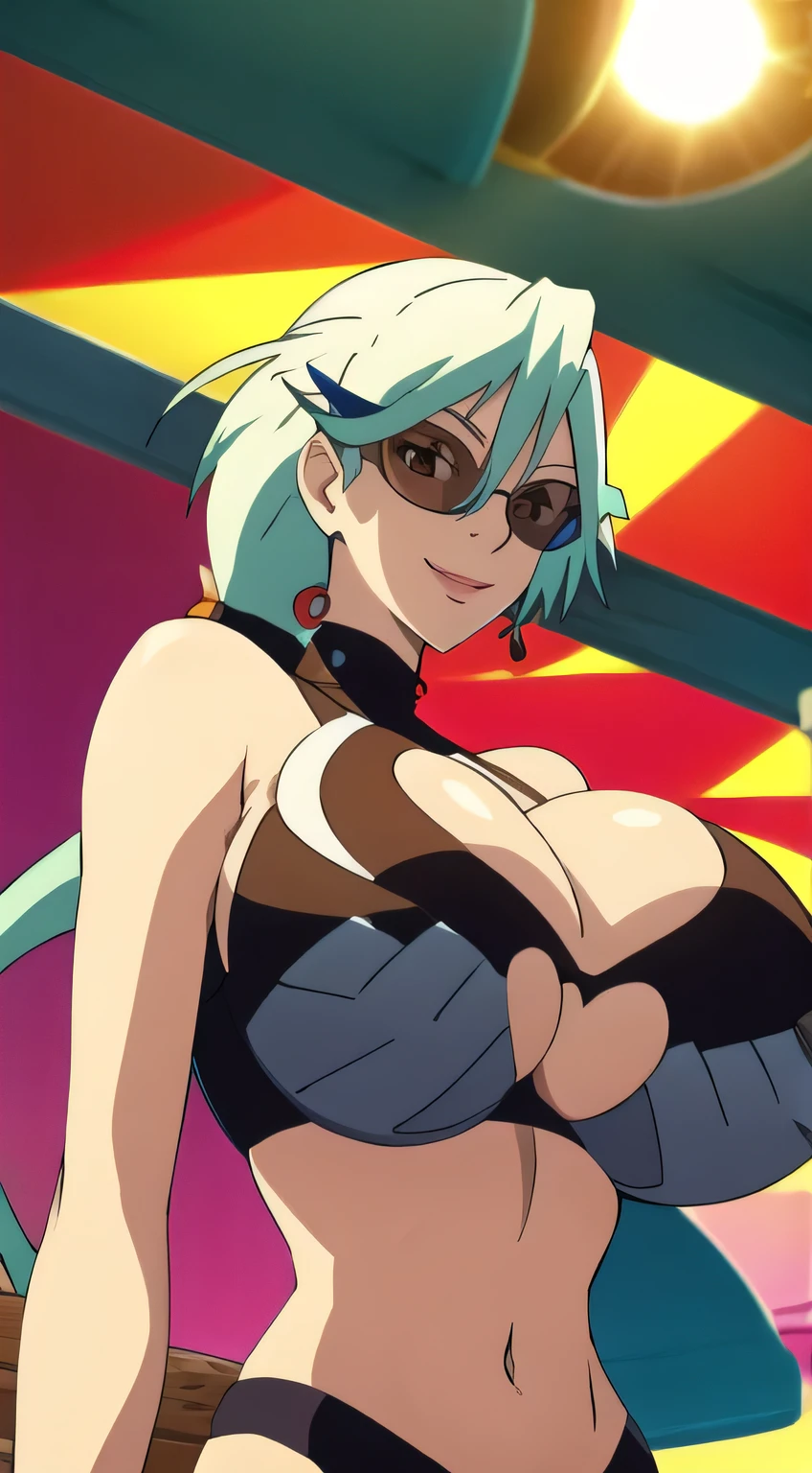 super gigantic breasts,cute smile,cleavage cutout,sun glasses,view from below
