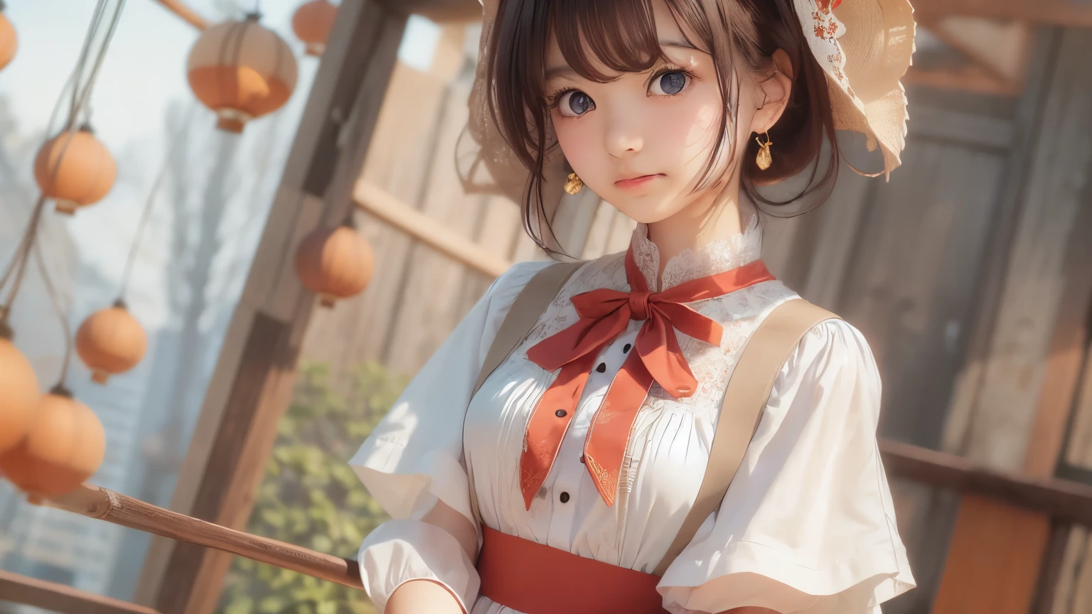 detailed face, cute face,brown eye, ((sfw: 1.4)), (sfw,She is wearing a long white embroidered skirt, a red blouse with lace, a white apron tied around her waist, blue socks, and brown leather shoes.A blue scarf is on her head. Yes, her accessories include necklaces, earrings, and bracelets. 1 Girl)), Ultra High Resolution, (Realistic: 1.4), RAW Photo, Best Quality, (Photorealistic Stick), Focus, Soft Light, ((15 years old)), ((Japanese)), (( (young face))), (surface), (depth of field), masterpiece, (realistic), woman, bangs, ((1 girl))