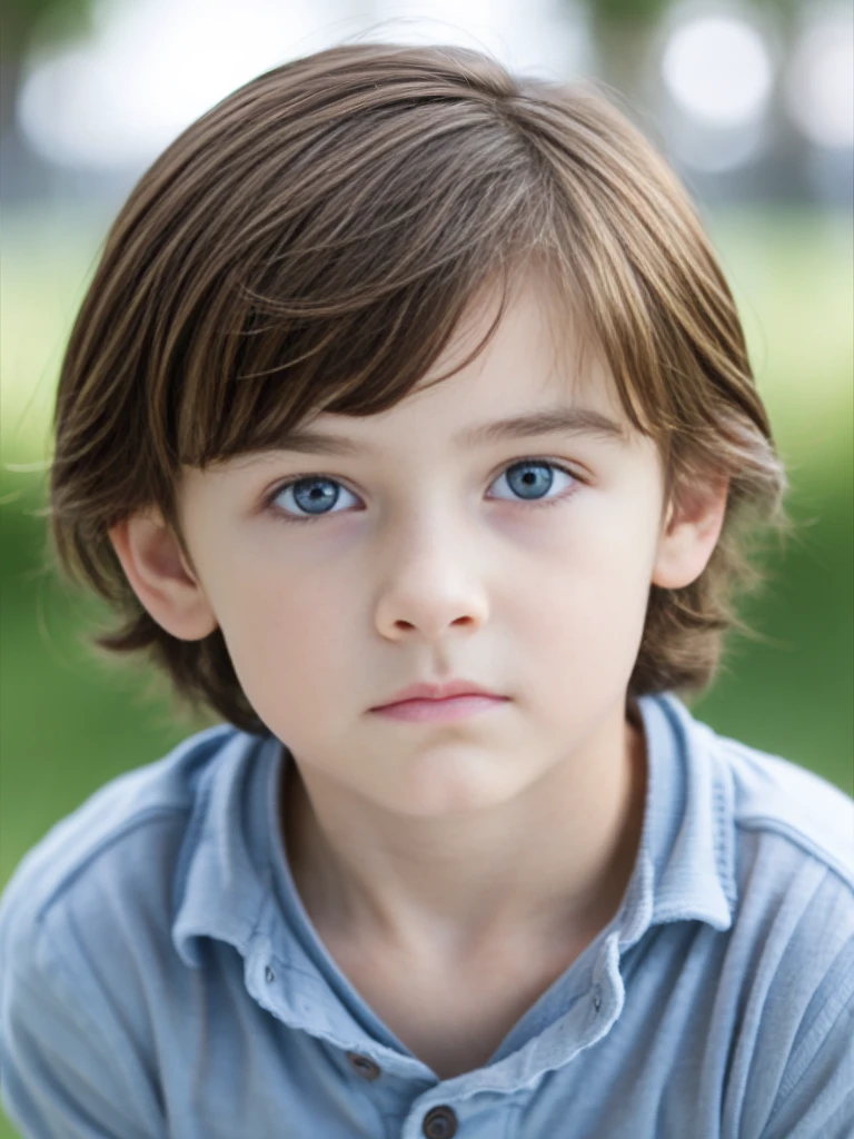 A 10-year-old boy with light brown hair, white skin, blue eyes, fine European features, a sad melancholic look., 