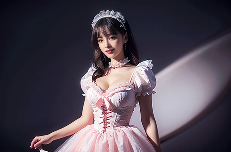 (highest quality、masterpiece、8k、Best image quality、Hyperrealism、Award-winning works), Wearing a pink collar, Her body is tied up with pink rope, One beautiful girl, (alone:1.1), (1 photo:1.1), Standing elegantly woman full body photo, (Girly and cute light pink frilled sheer lolita dress:1.2), (Cute girly big ribbon:1.1), (Cute and luxurious hair accessories:1.1), Ultra-high definition glossy lips, Slender body, Smiling and gazing into the distance, Girly lace decoration, Cute girl frills, (Cute girly lolita wavy hair:1.1), (Short length:1.1), (height: 160cm:1.1), (Big Breasts:1.2), (Soft cleavage:1.1), Cute heart ornament, Lots of cute frills, Big pretty ribbon, Ultra-high definition beautiful teeth, Long eyelashes, Accentuate your body lines, Standing Elegantly, (very bright and vivid:1.2), Blurred Background, Accurate anatomy, Perfect Makeup, Glossy Lips, Ultra-high definition glossy skin, (Ultra-high definition, bright and beautiful skin:1.2),