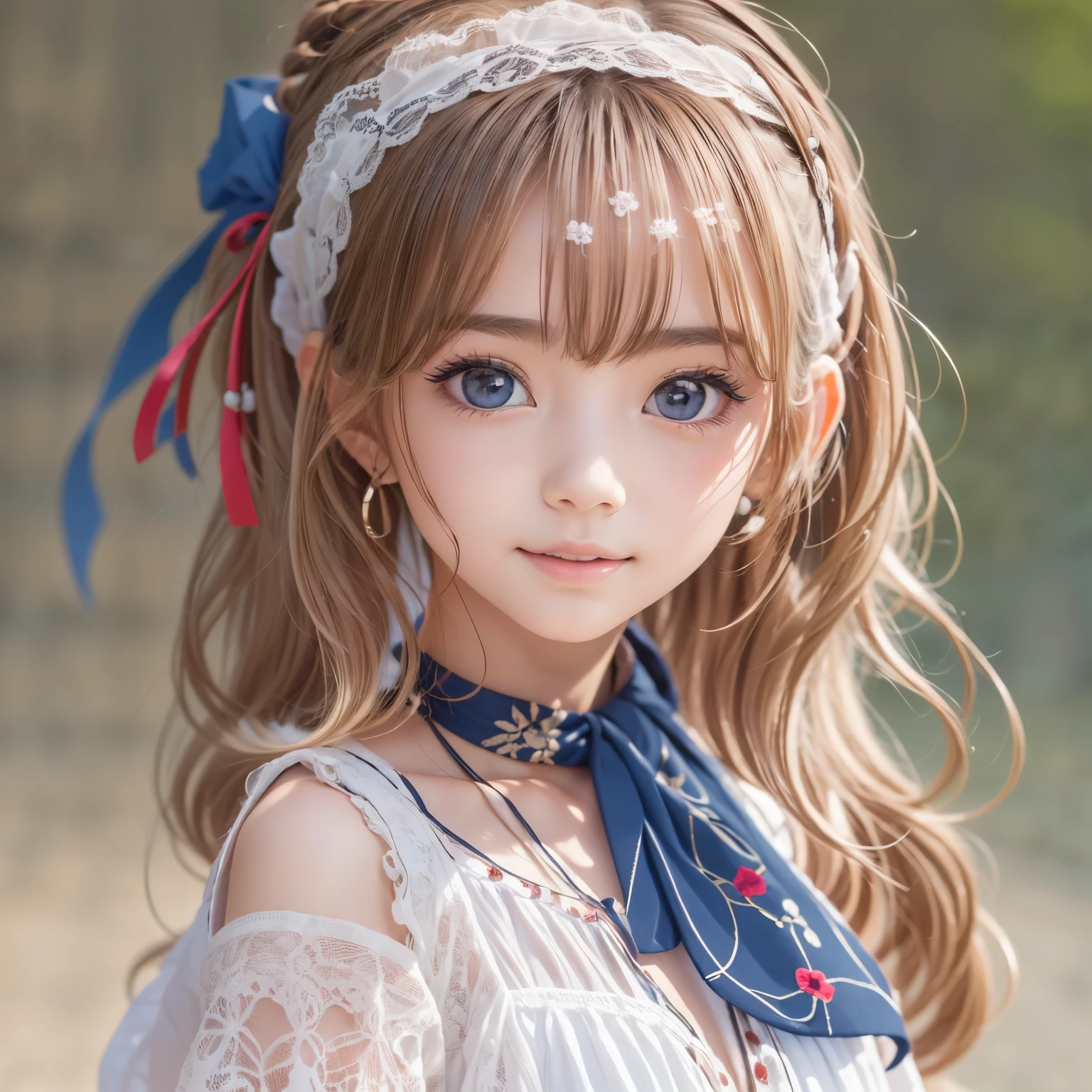 detailed face, cute face,brown eye, ((sfw: 1.4)), (sfw,She is wearing a long white embroidered skirt, a red blouse with lace, a white apron tied around her waist, blue socks, and brown leather shoes.A blue scarf is on her head. Yes, her accessories include necklaces, earrings, and bracelets. 1 Girl)), Ultra High Resolution, (Realistic: 1.4), RAW Photo, Best Quality, (Photorealistic Stick), Focus, Soft Light, ((15 years old)), ((Japanese)), (( (young face))), (surface), (depth of field), masterpiece, (realistic), woman, bangs, ((1 girl))
