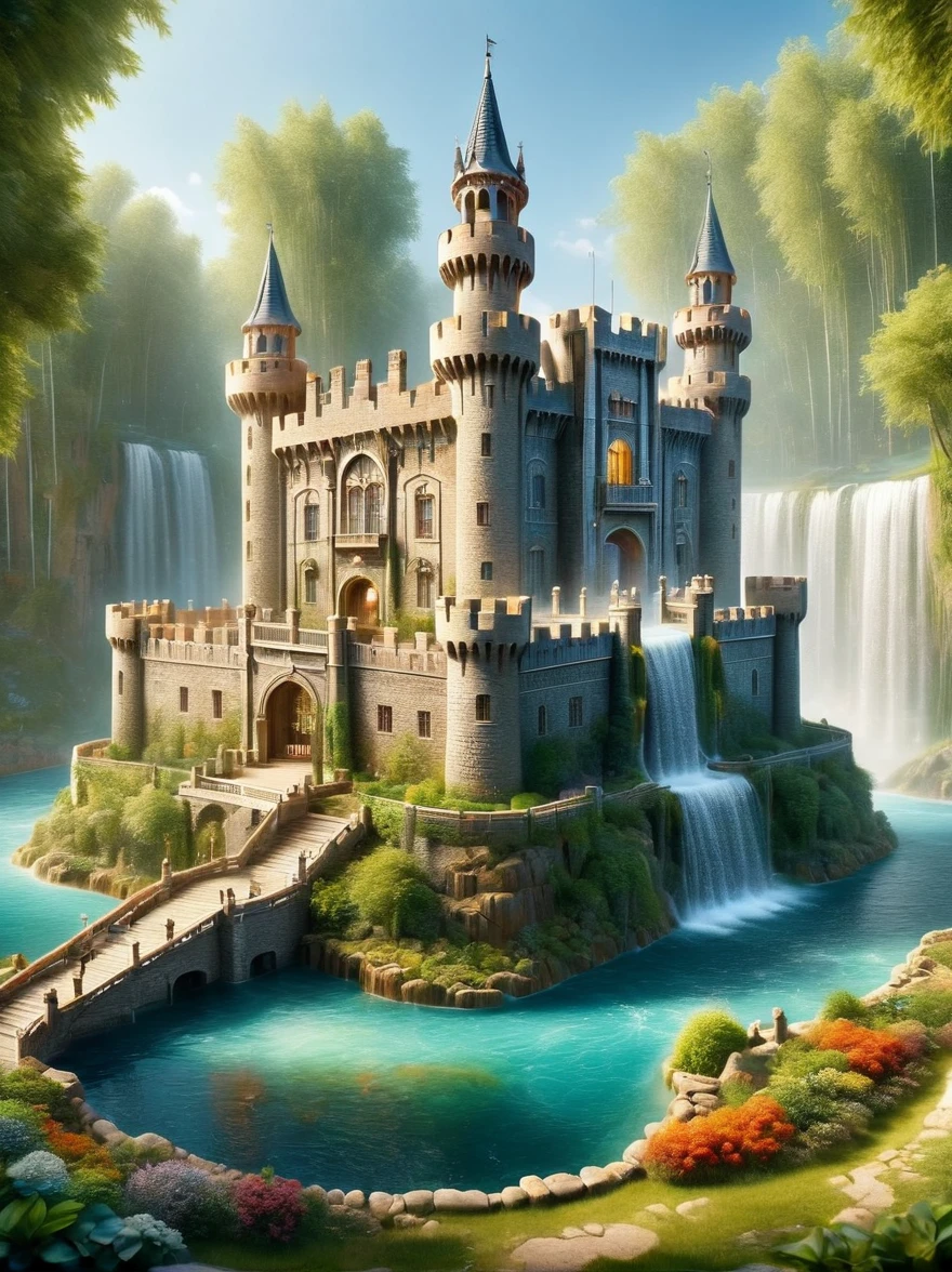 Imagine a magical scene where a castle is made completely out of water. The castle towers are composed of clear, sparkling water, standing tall and proud, creating a mesmerizing sight. Its walls look like cascading waterfalls, flowing gracefully. The castle gates resemble water currents that open and close but never lose their watery essence. This fantastical water castle appears on a sunny day, causing the sun rays to dance and play on its surfaces, creating a breathtaking spectrum of colour.