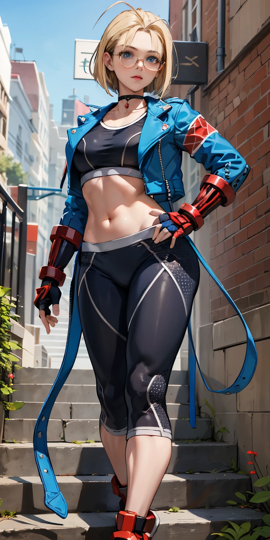 masterpiece, best quality, highres, 1girl, cammy white, short hair, antenna hair, blue eyes, scar on cheek, large breasts, black choker, collarbone, blue jacket, cropped jacket, open jacket, sports bra, midriff, fingerless gloves, black gloves, black pants, standing, cowboy shot, stair, outdoors, masterpiece, best quality, (((glasses))), ((rim-less eyewear)), tall, beautiful, medium breast, milf, (eyewear:0.9), armored dress:1.5