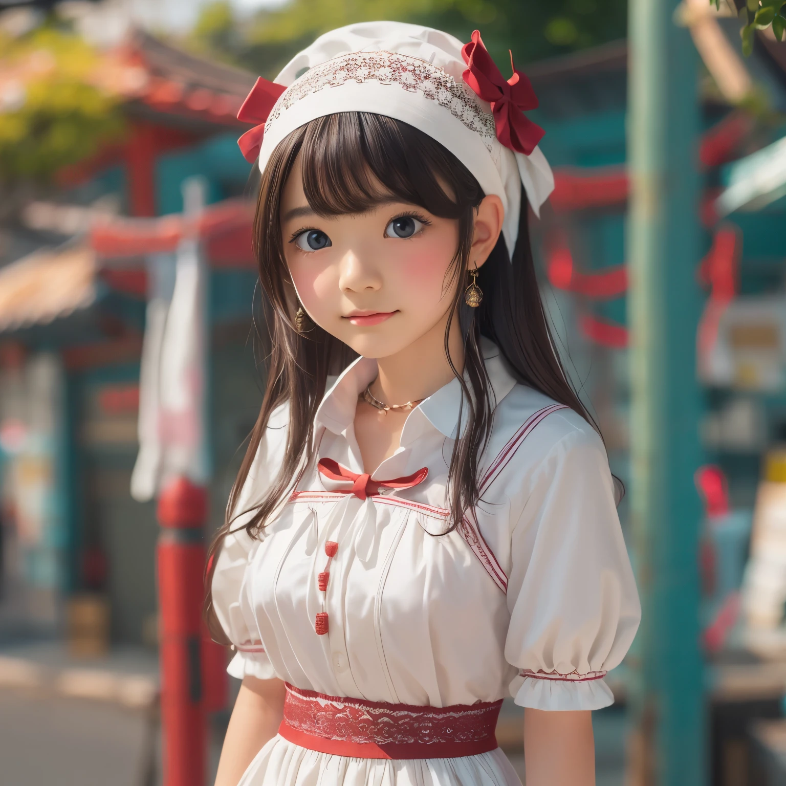 detailed face, cute face,brown eye, ((sfw: 1.4)), (sfw,She is wearing a long white embroidered skirt, a red blouse with lace, a white apron tied around her waist, blue socks, and brown leather shoes.A blue scarf is on her head. Yes, her accessories include necklaces, earrings, and bracelets. 1 Girl)), Ultra High Resolution, (Realistic: 1.4), RAW Photo, Best Quality, (Photorealistic Stick), Focus, Soft Light, ((15 years old)), ((Japanese)), (( (young face))), (surface), (depth of field), masterpiece, (realistic), woman, bangs, ((1 girl))