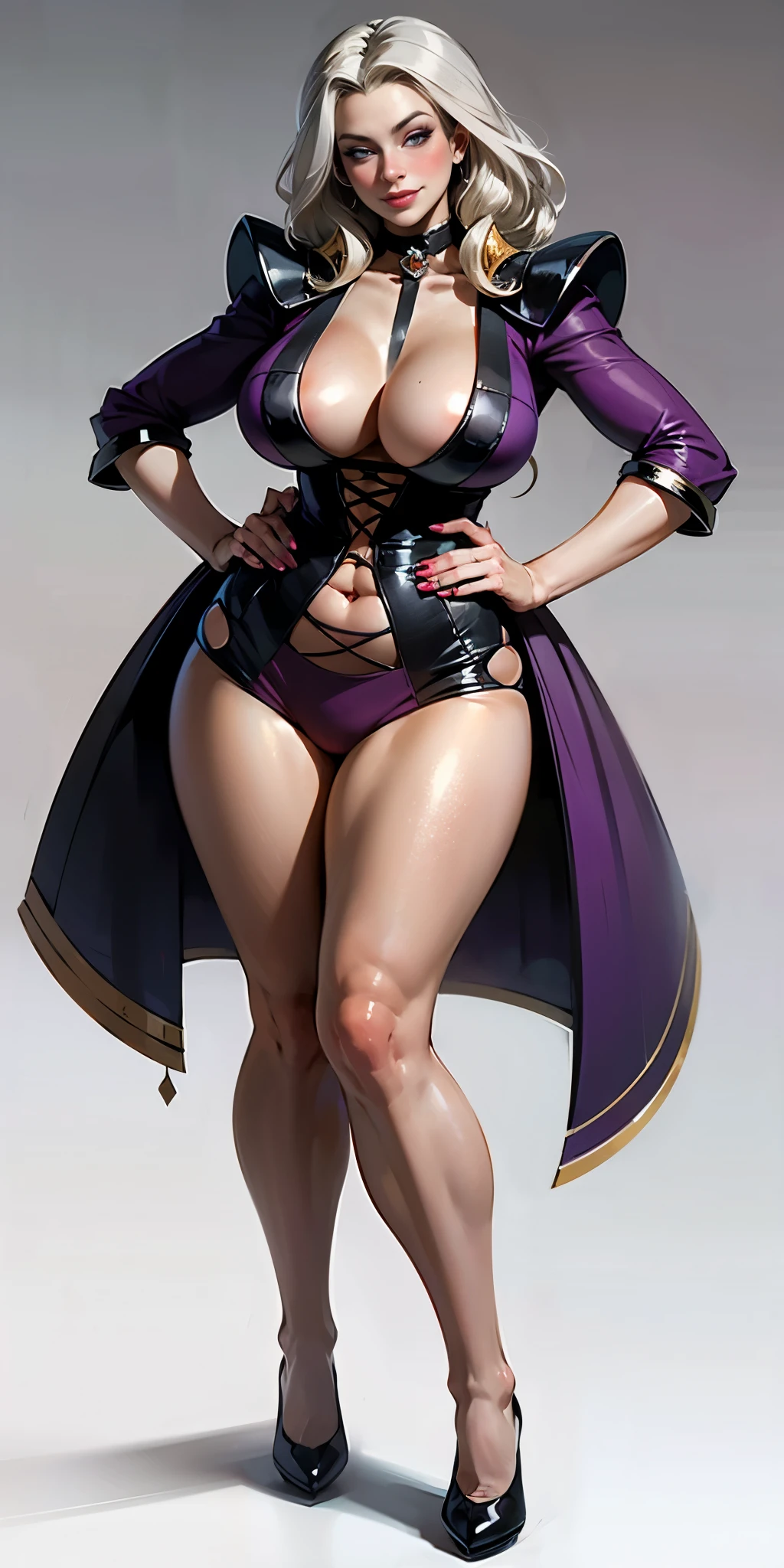 (plain background) (chest covered)(smile) gray skin, pale golden hair and violet eyes, huge knockers, full body standing symmetrical ful smirking smile face red blush, pink painted nails, 1 girl full body standing straight symmetrical lustsmirking smile face red blushed, red cheeks, hands on hips